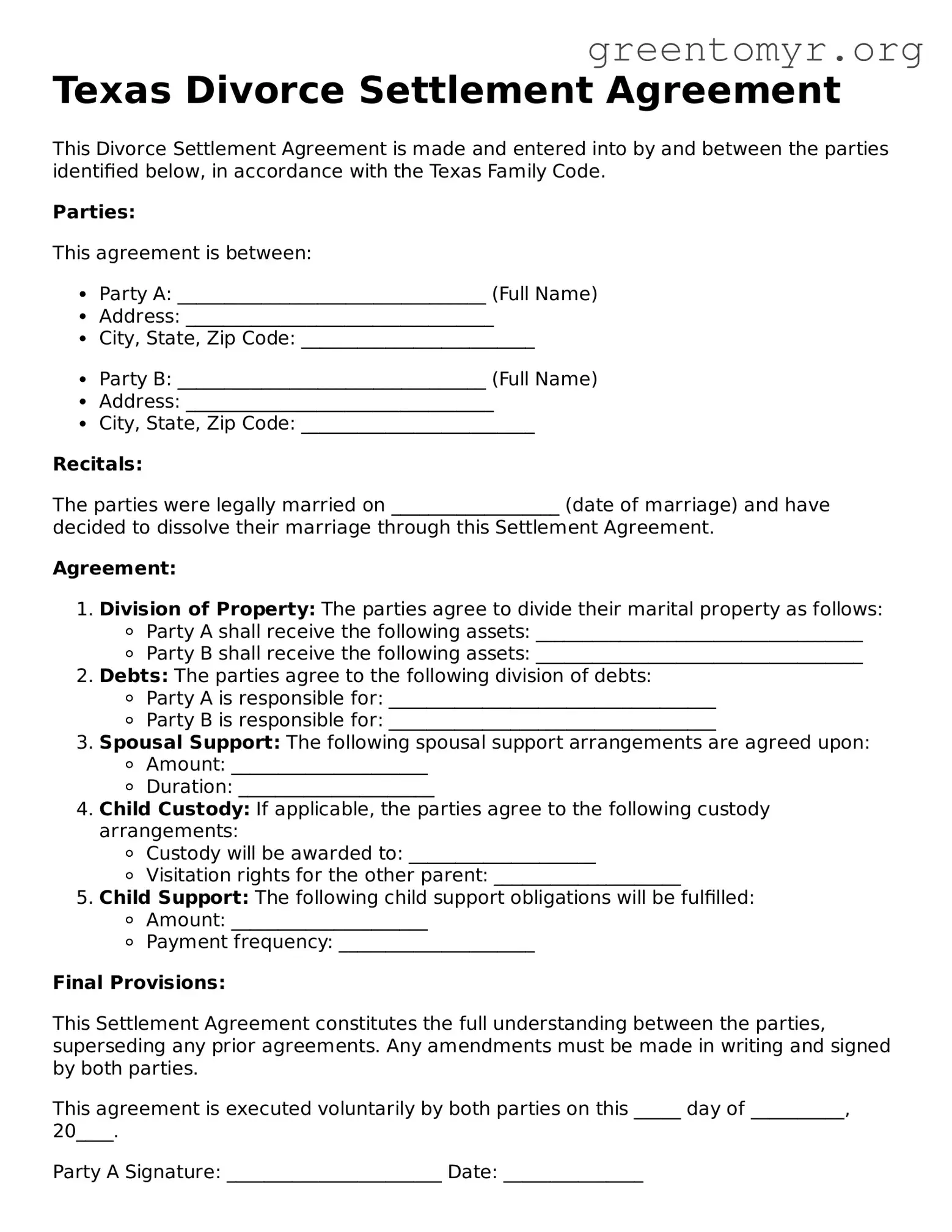 Divorce Settlement Agreement Form for the State of Texas