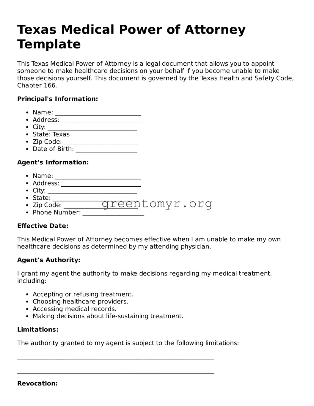 Medical Power of Attorney Form for the State of Texas
