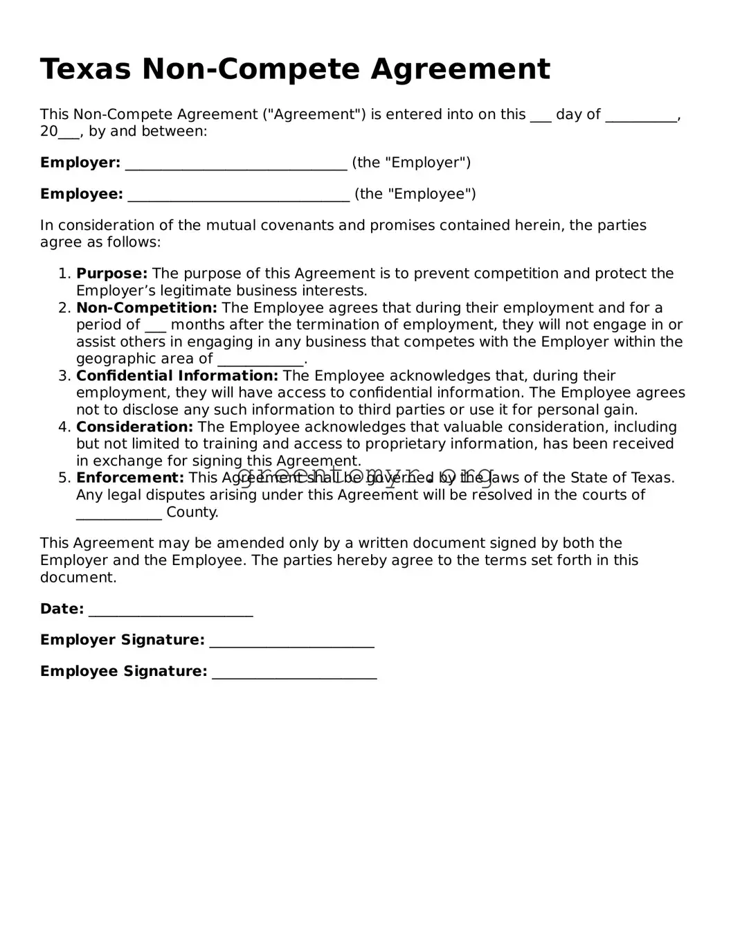 Non-compete Agreement Form for the State of Texas
