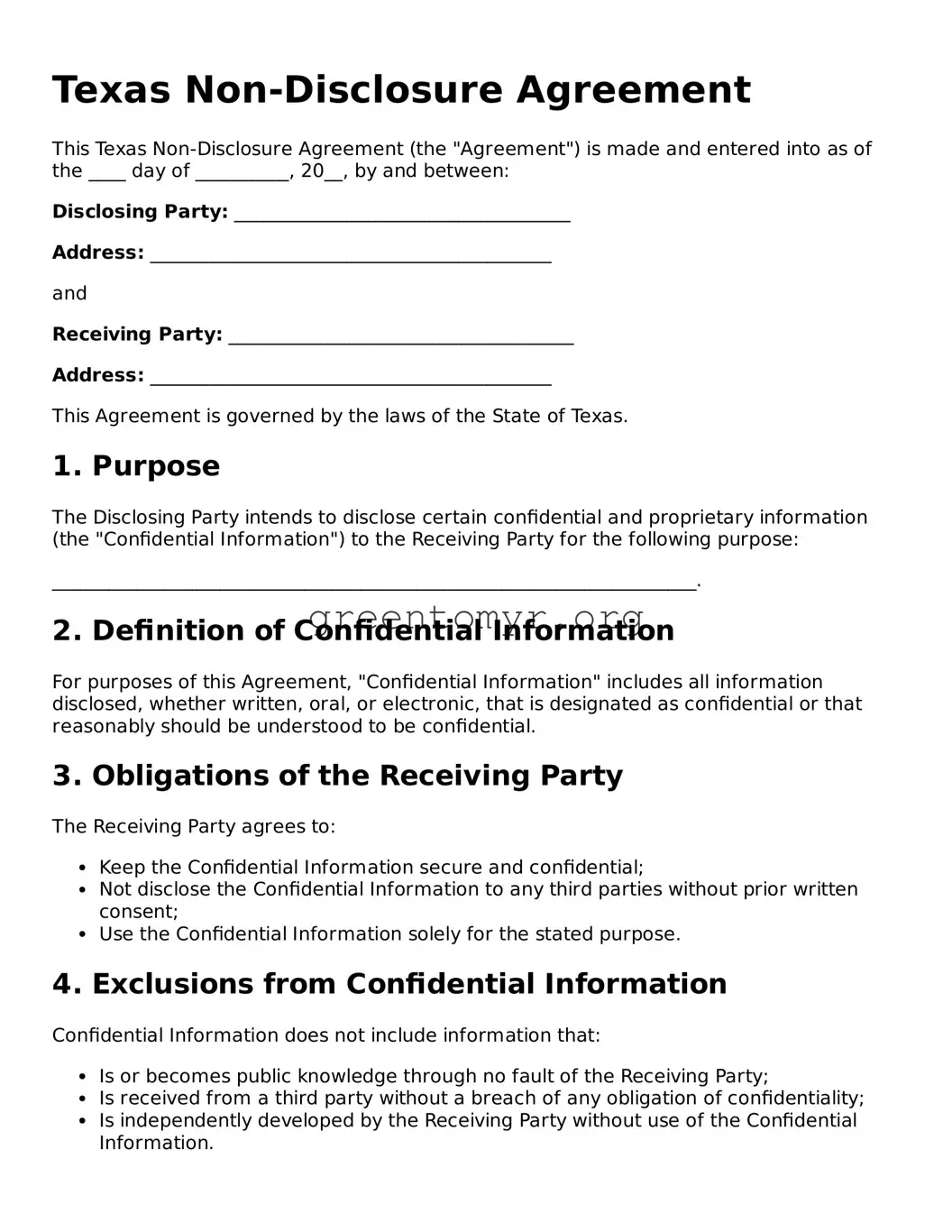 Non-disclosure Agreement Form for the State of Texas