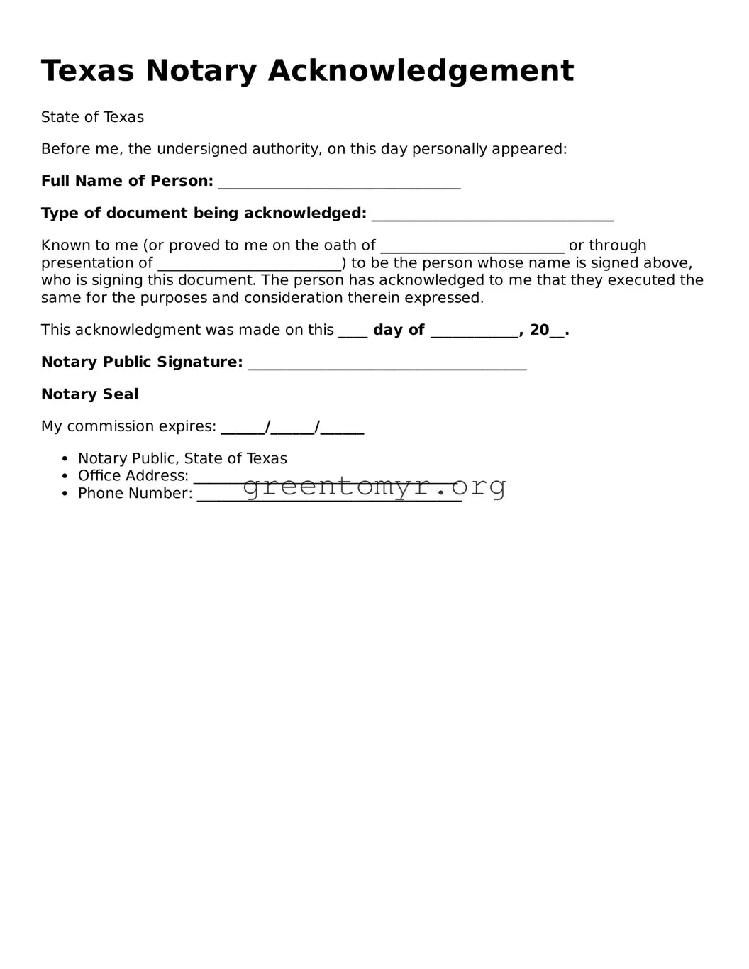 Notary Acknowledgement Form for the State of Texas