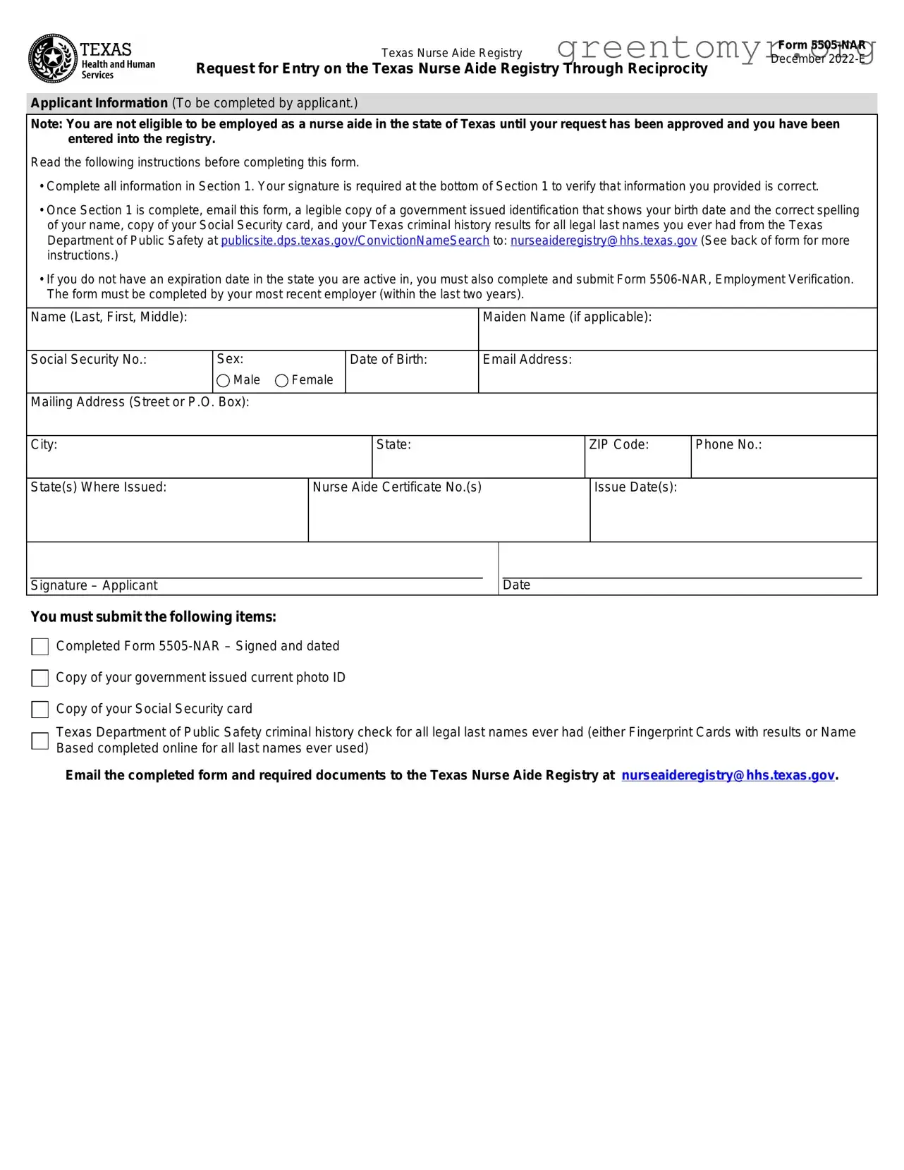 Fill in a Valid Texas Nurse Aide Registry 5505-NAR Template