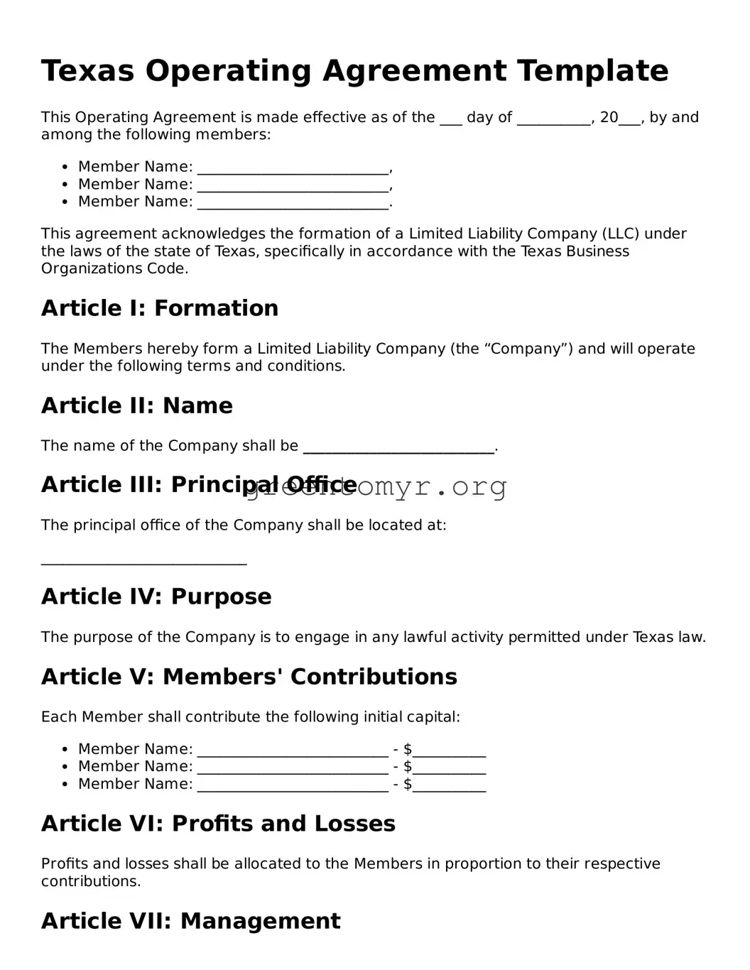 Operating Agreement Form for the State of Texas