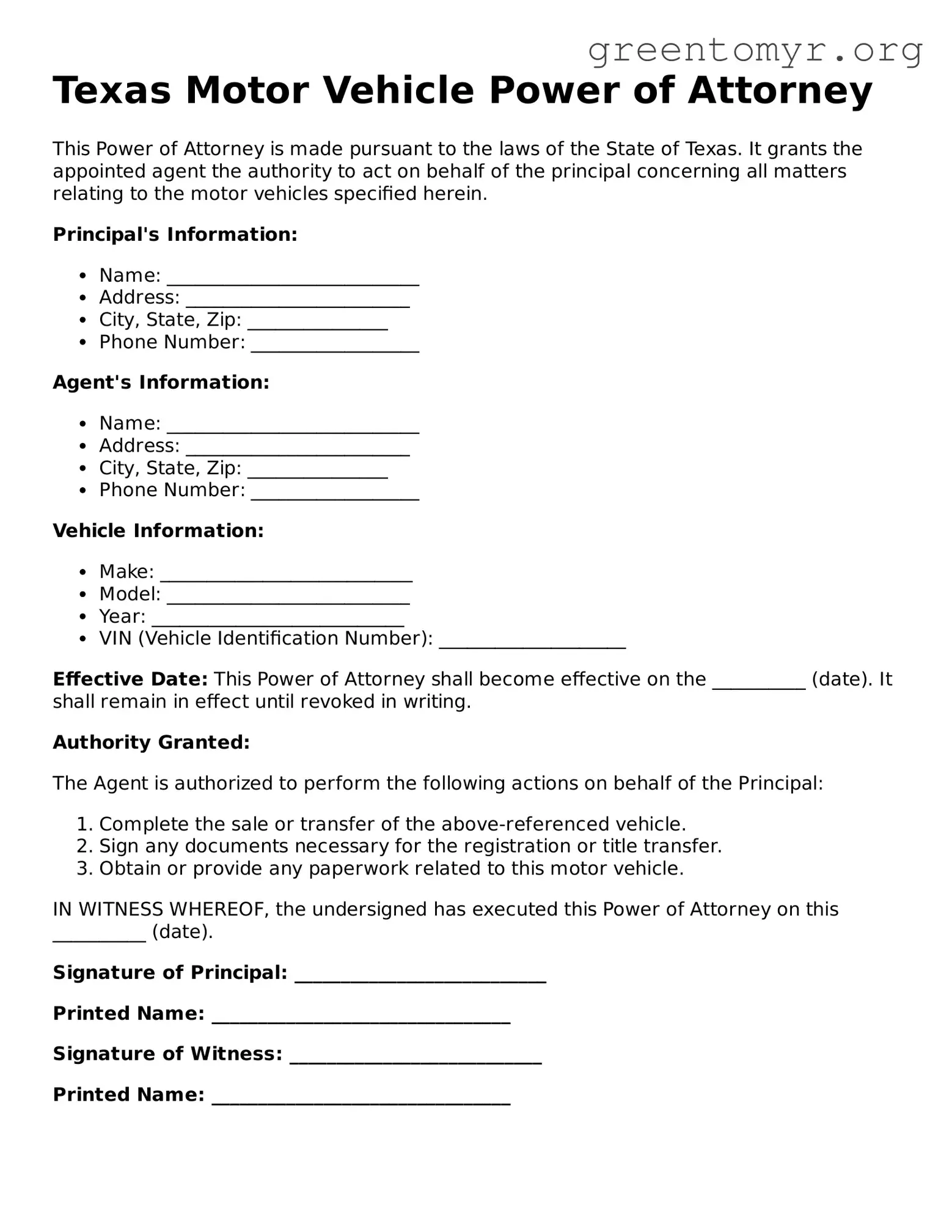 Motor Vehicle Power of Attorney Form for the State of Texas