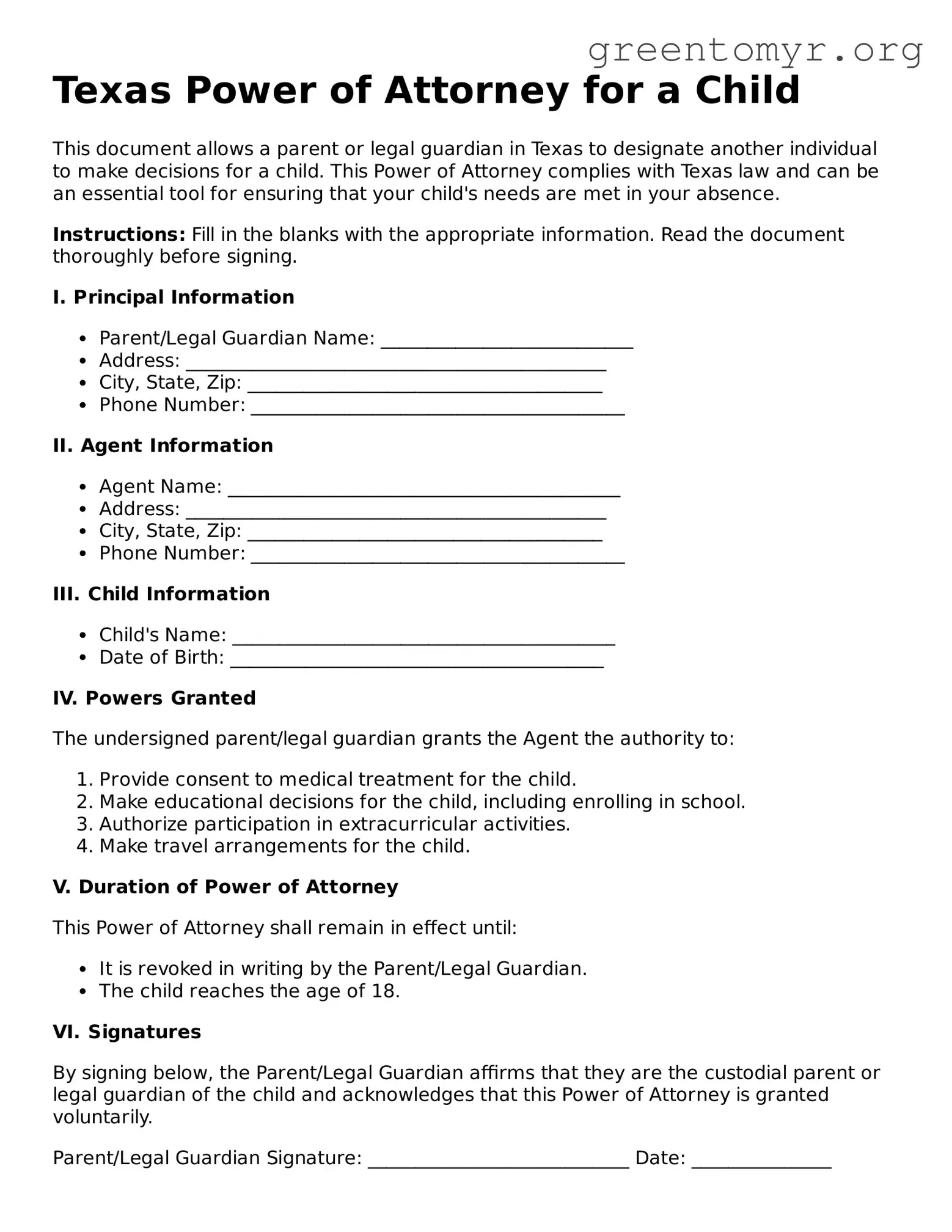 Power of Attorney for a Child Form for the State of Texas