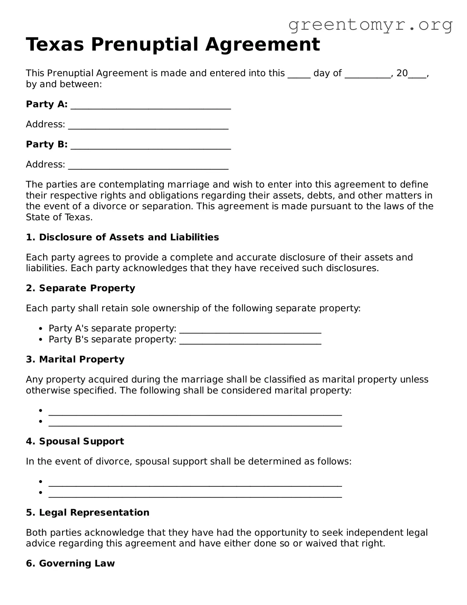 Prenuptial Agreement Form for the State of Texas