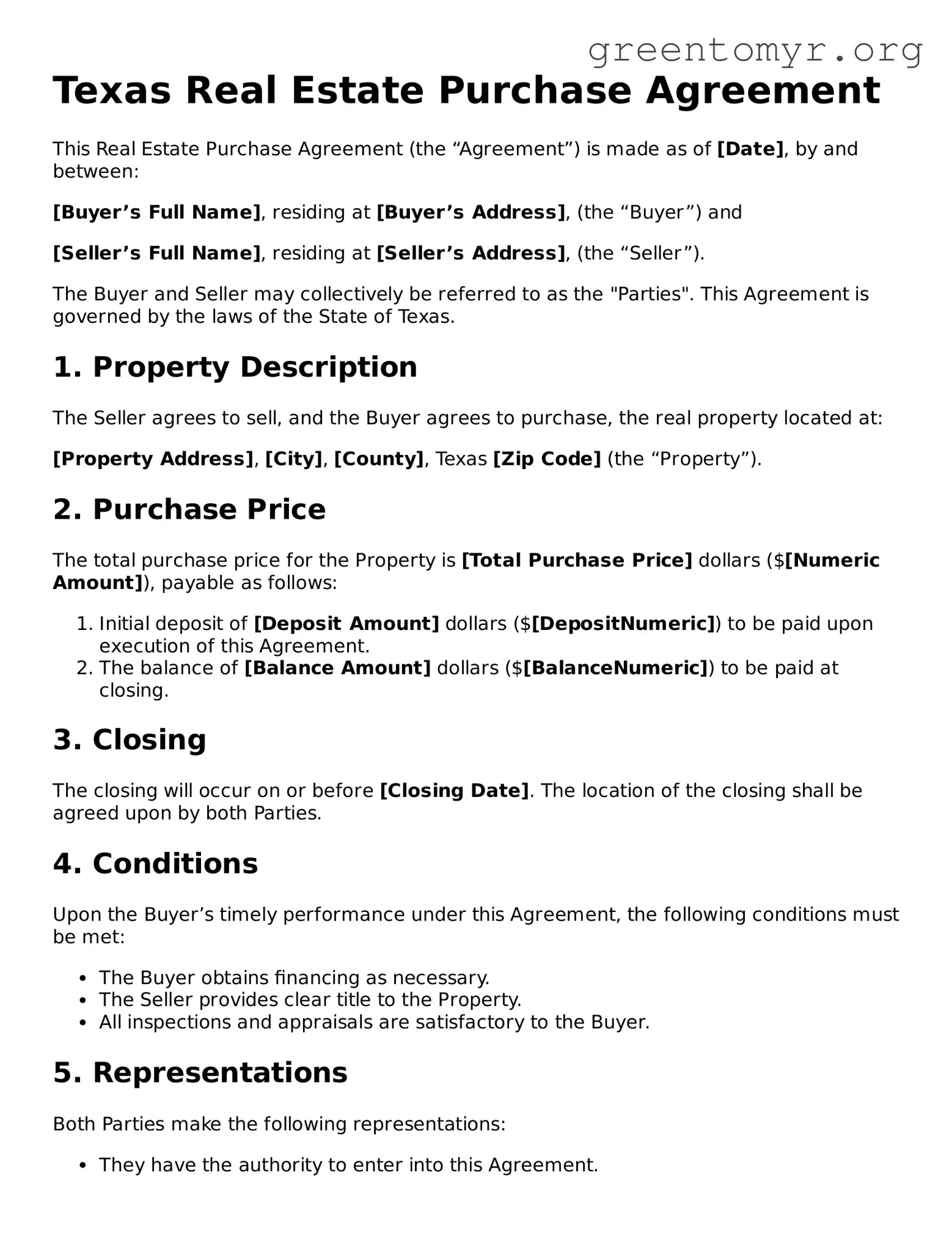 Real Estate Purchase Agreement Form for the State of Texas