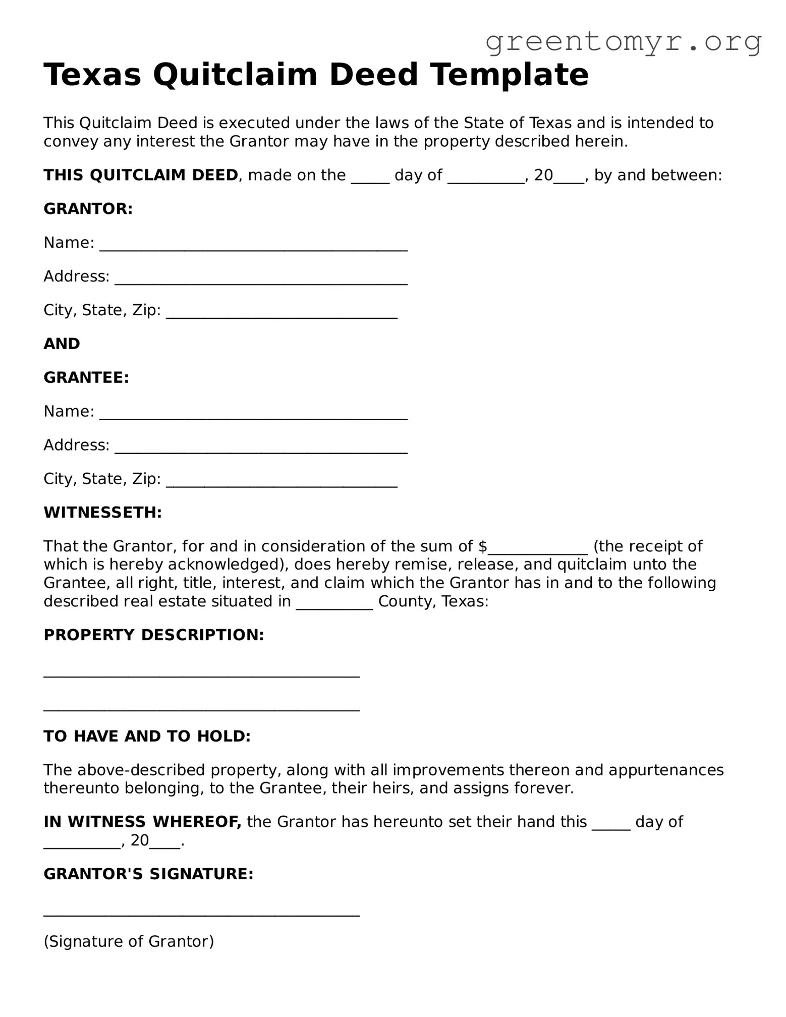 Quitclaim Deed Form for the State of Texas