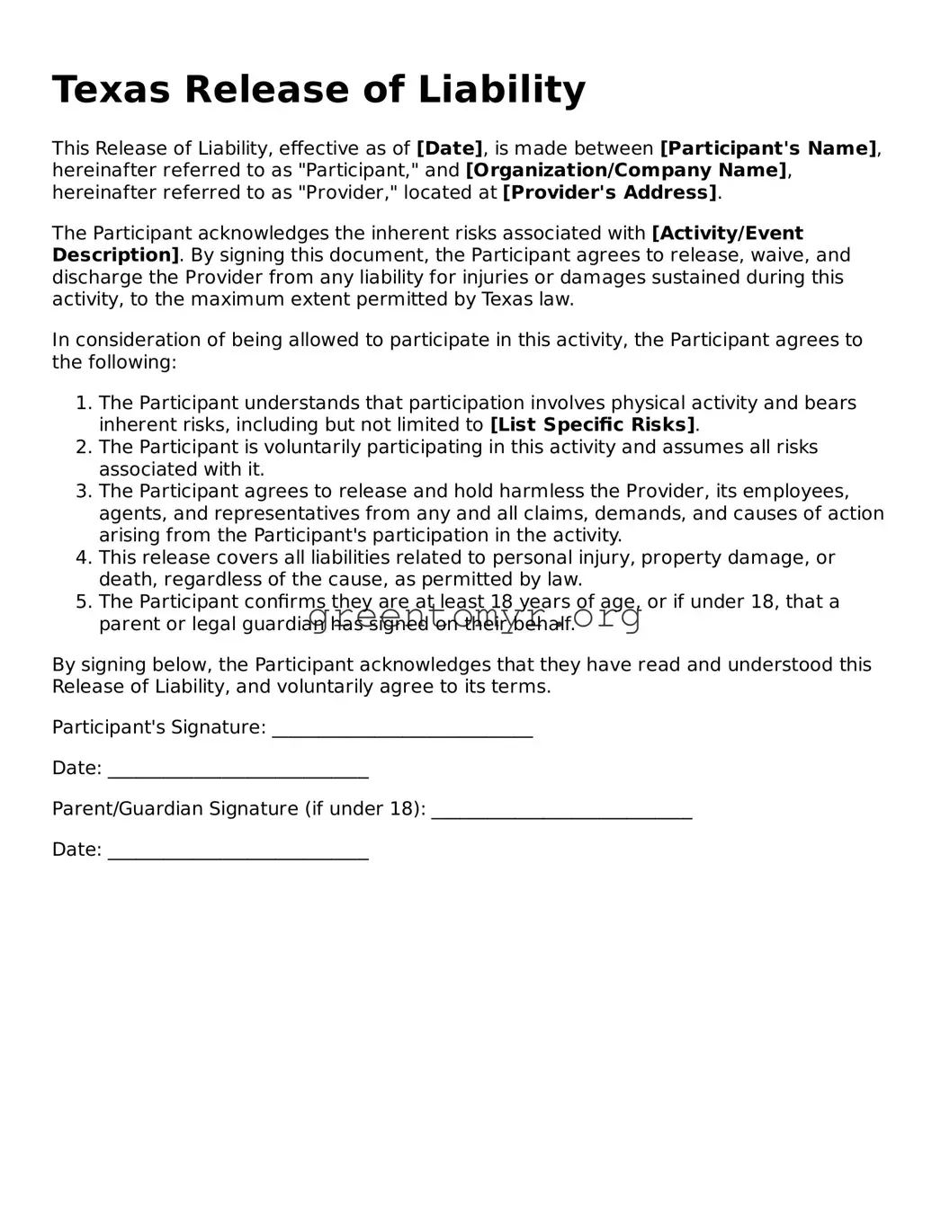Release of Liability Form for the State of Texas