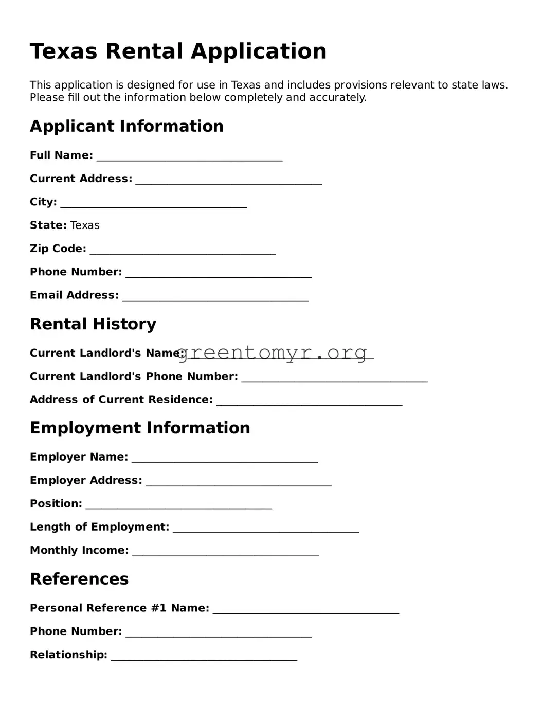 Rental Application Form for the State of Texas