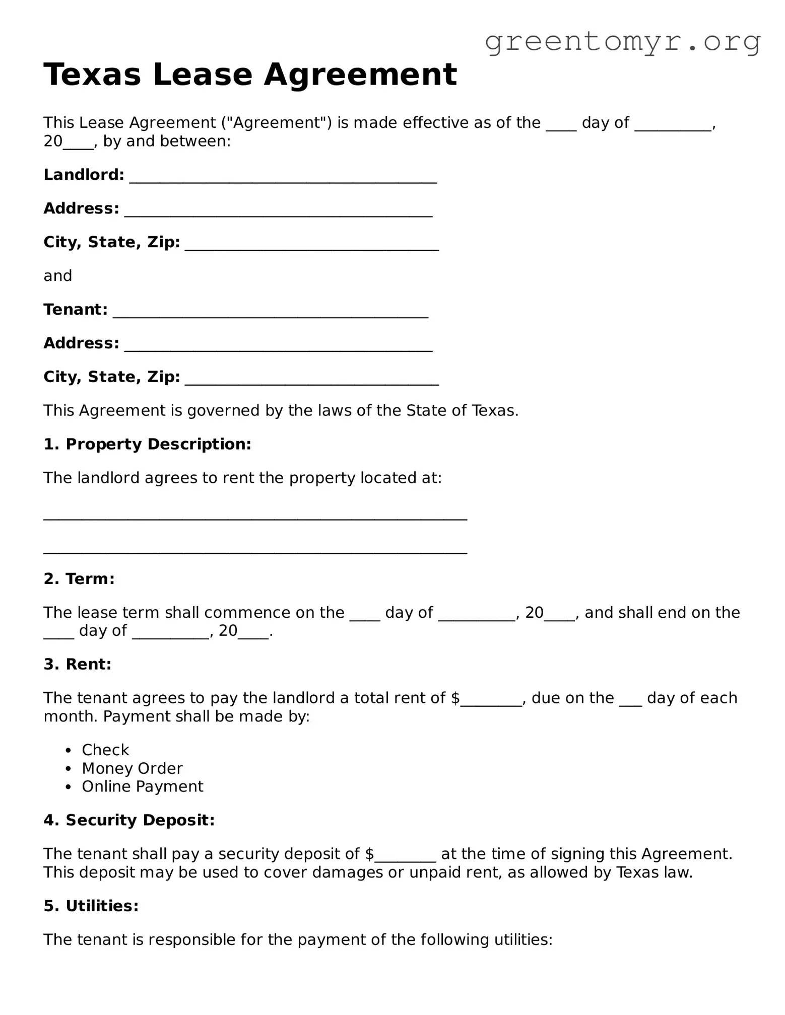 Lease Agreement Form for the State of Texas