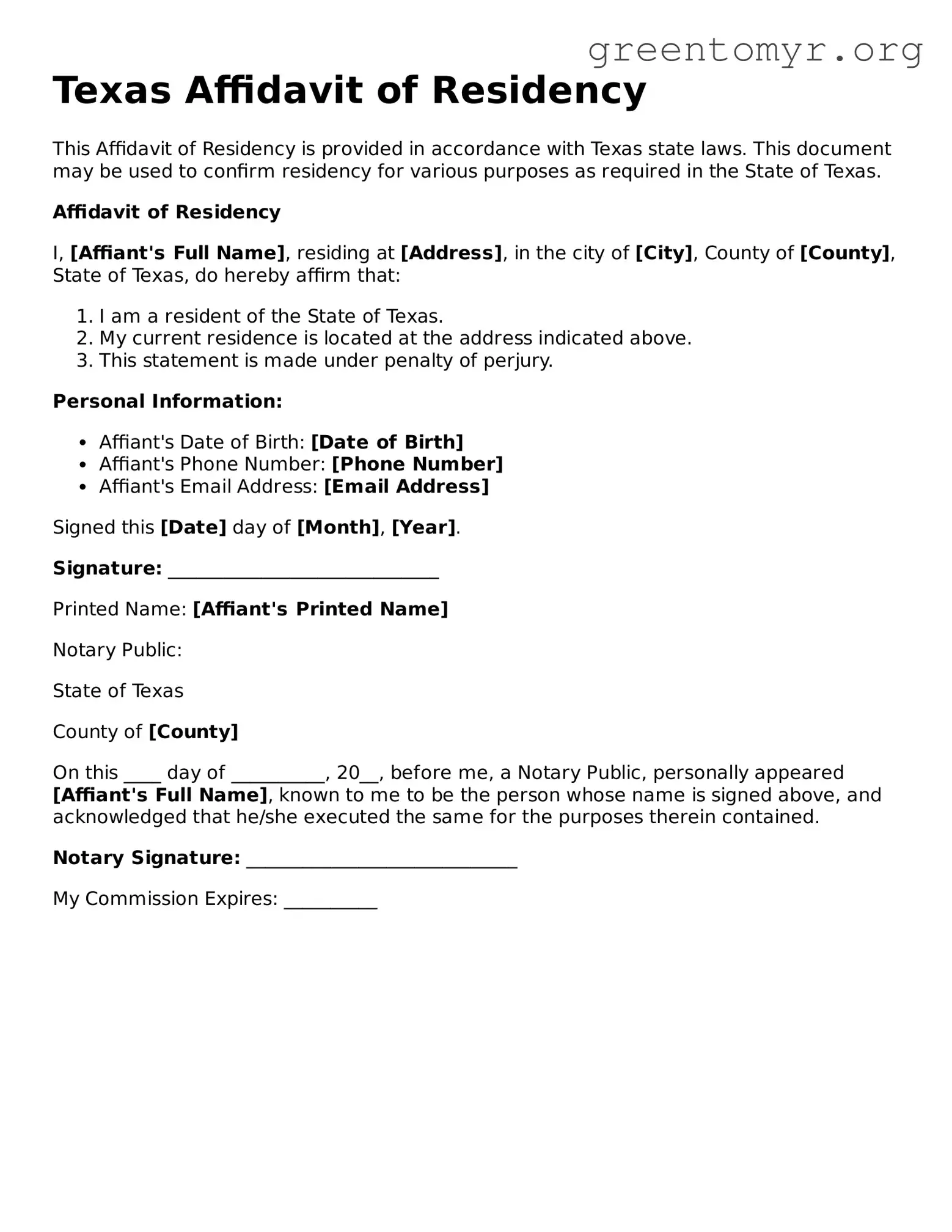 Affidavit of Residency Form for the State of Texas