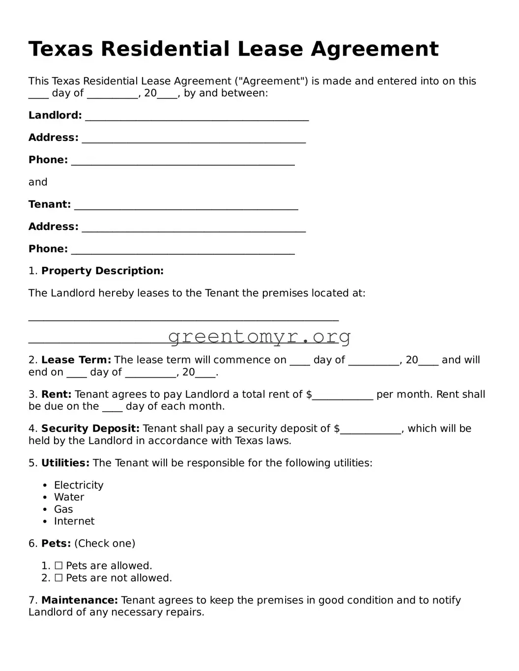 Residential Lease Agreement Form for the State of Texas