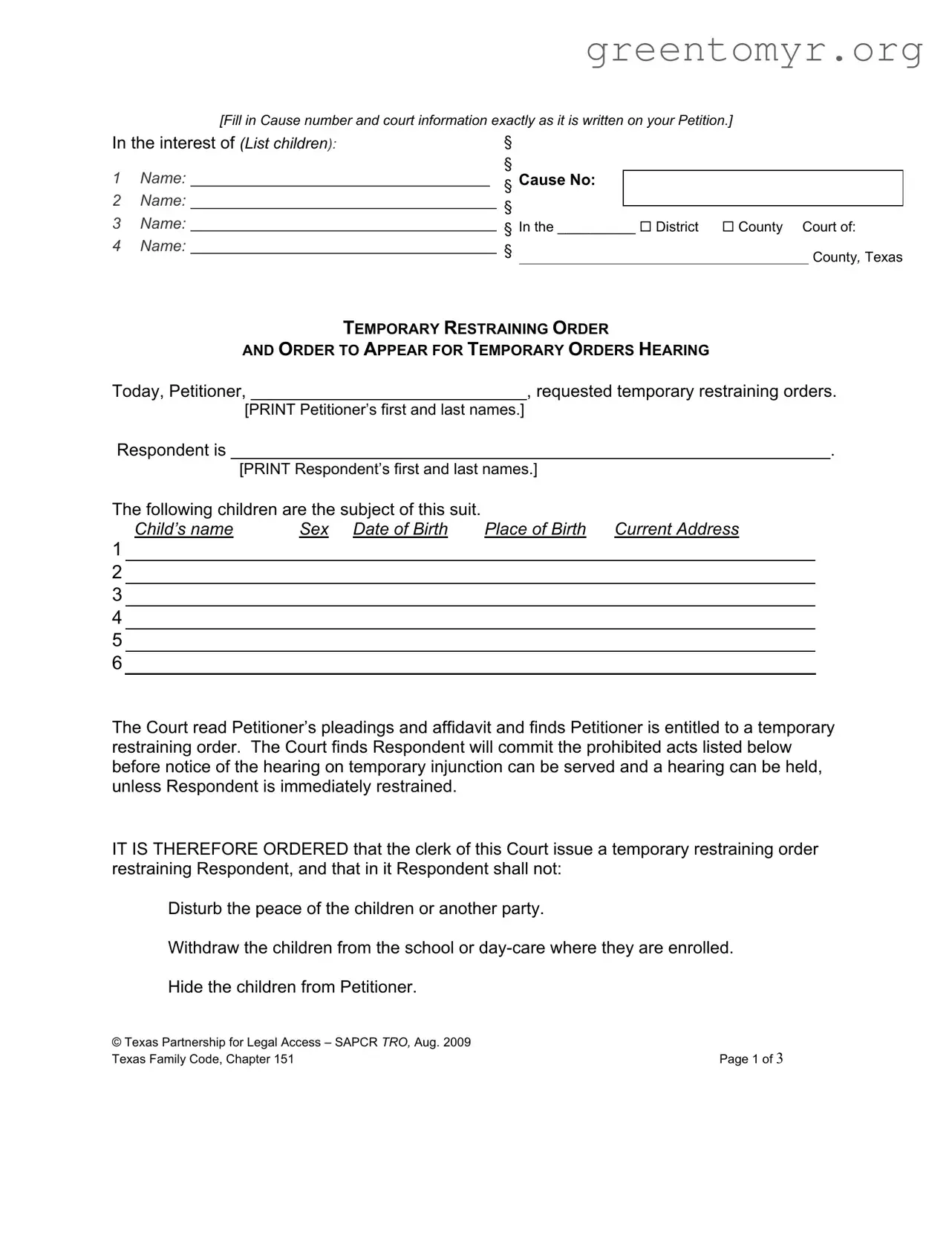 Fill in a Valid Texas Temporary Restraining Order Template