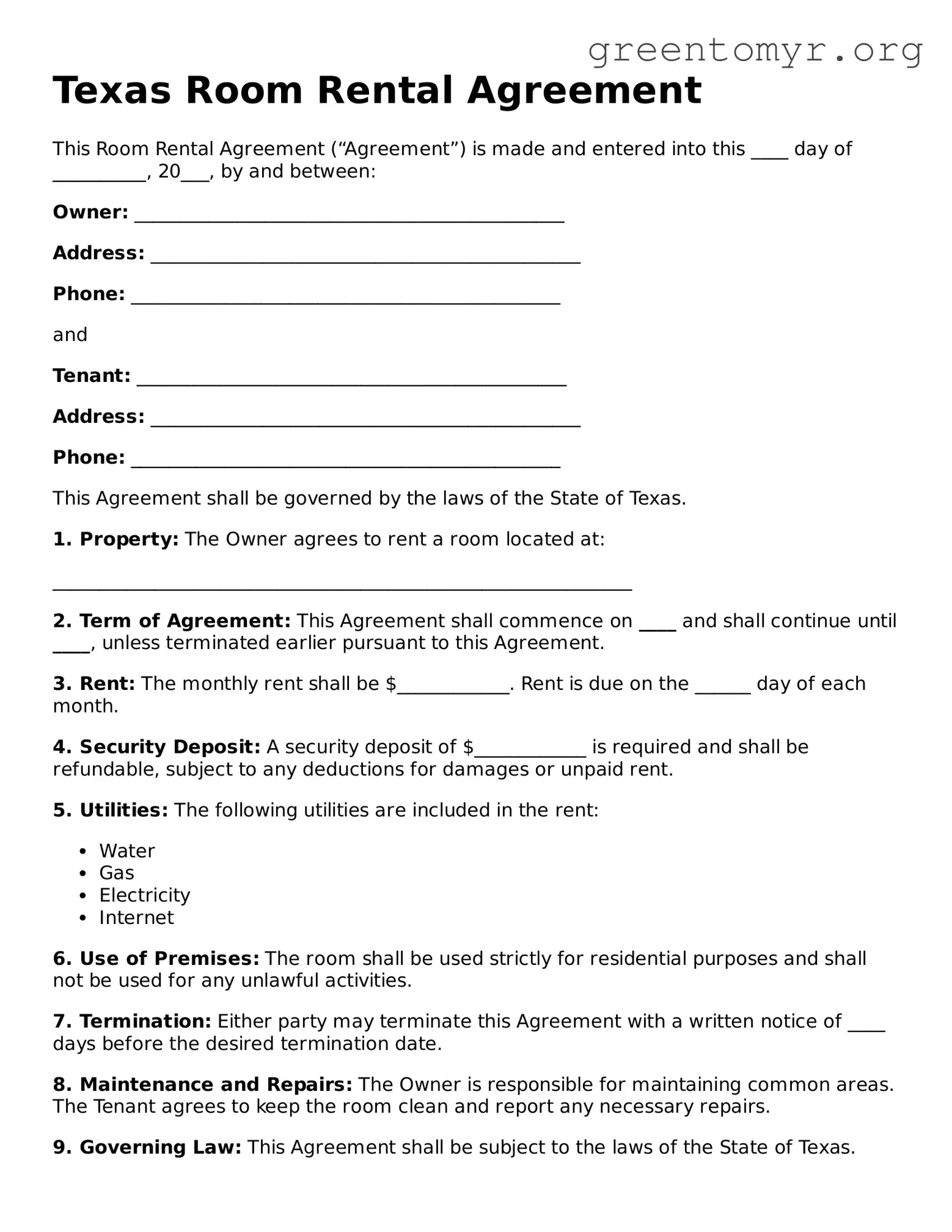 Room Rental Agreement Form for the State of Texas