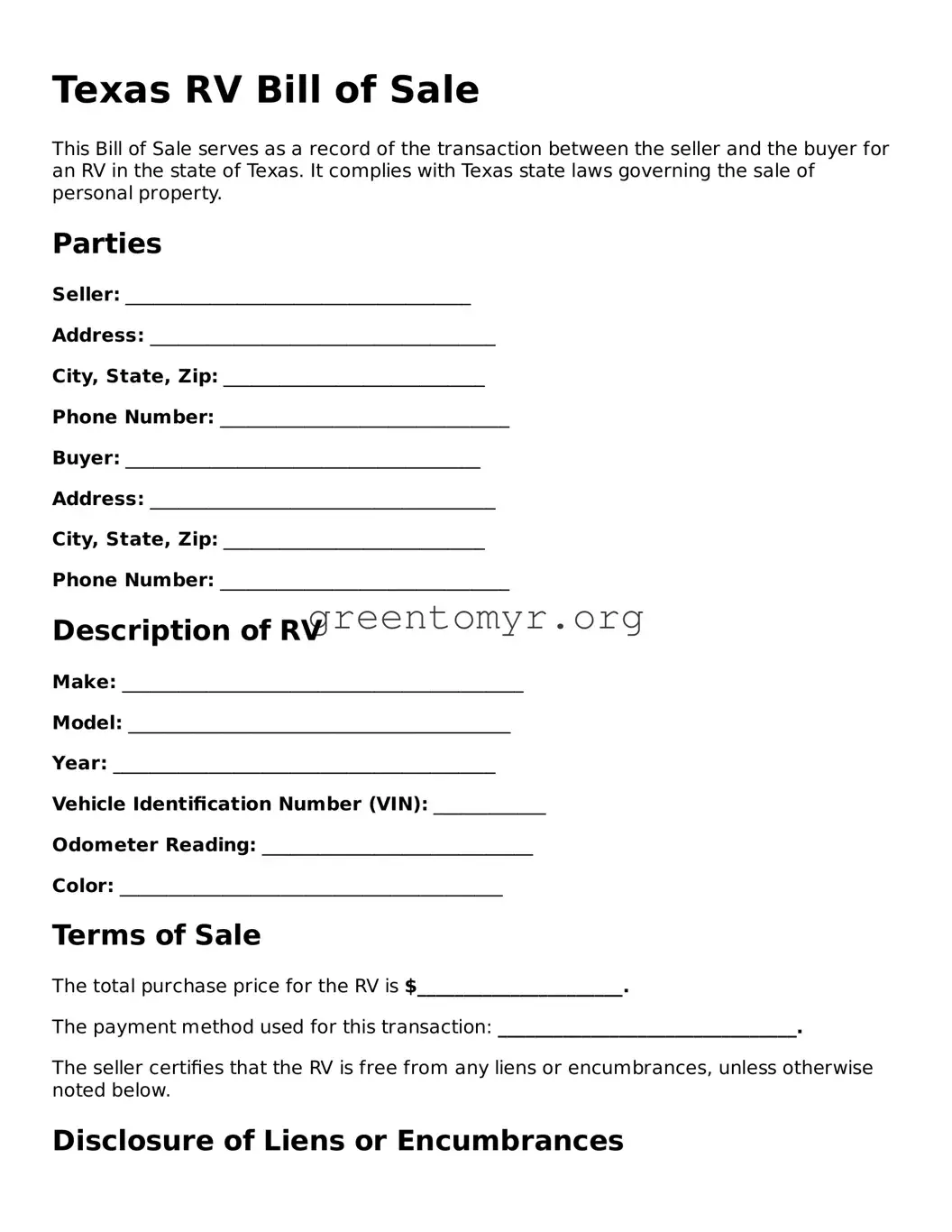RV Bill of Sale Form for the State of Texas