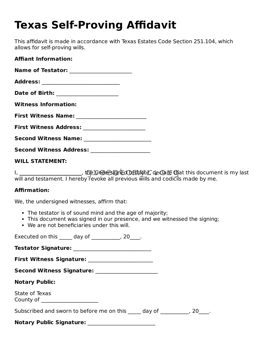 Self-Proving Affidavit Form for the State of Texas