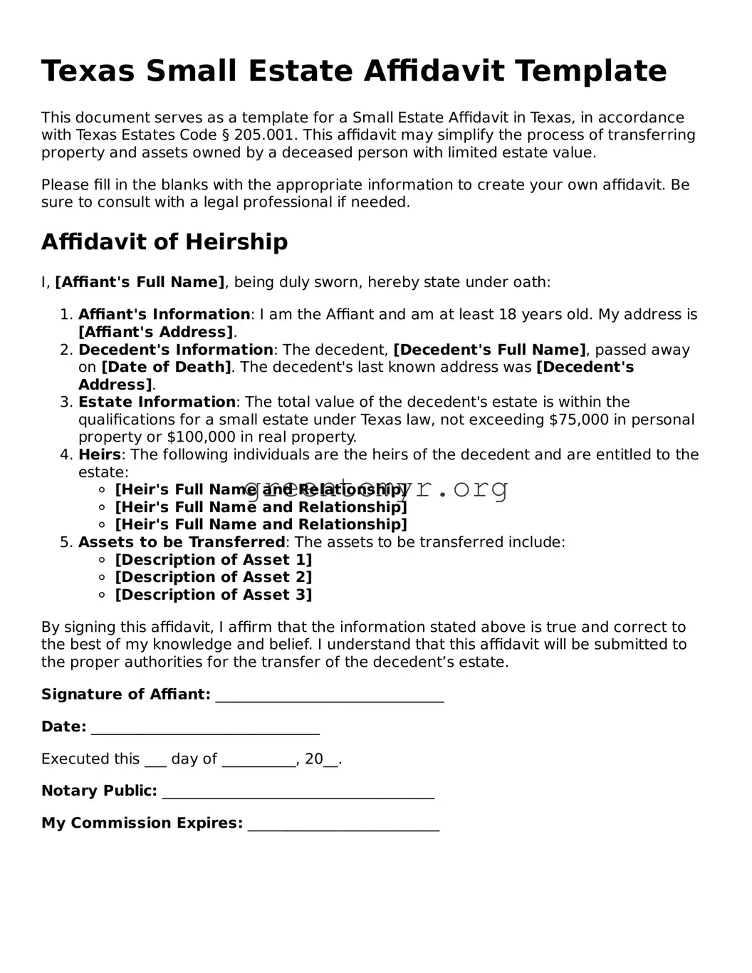 Small Estate Affidavit Form for the State of Texas