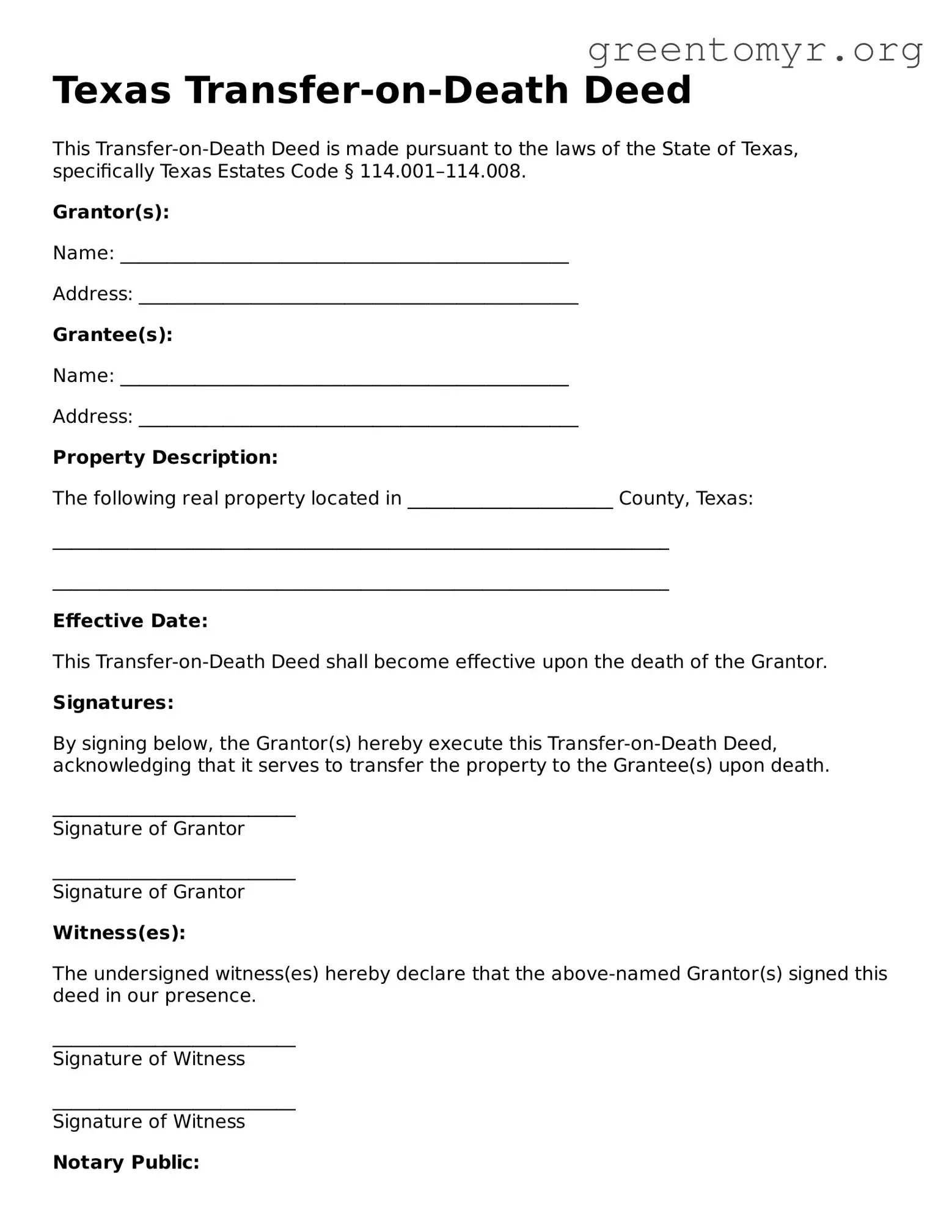 Transfer-on-Death Deed Form for the State of Texas