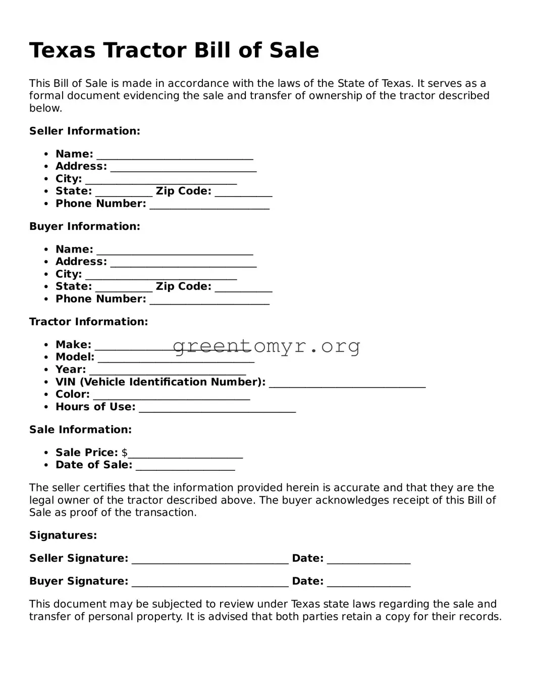 Tractor Bill of Sale Form for the State of Texas