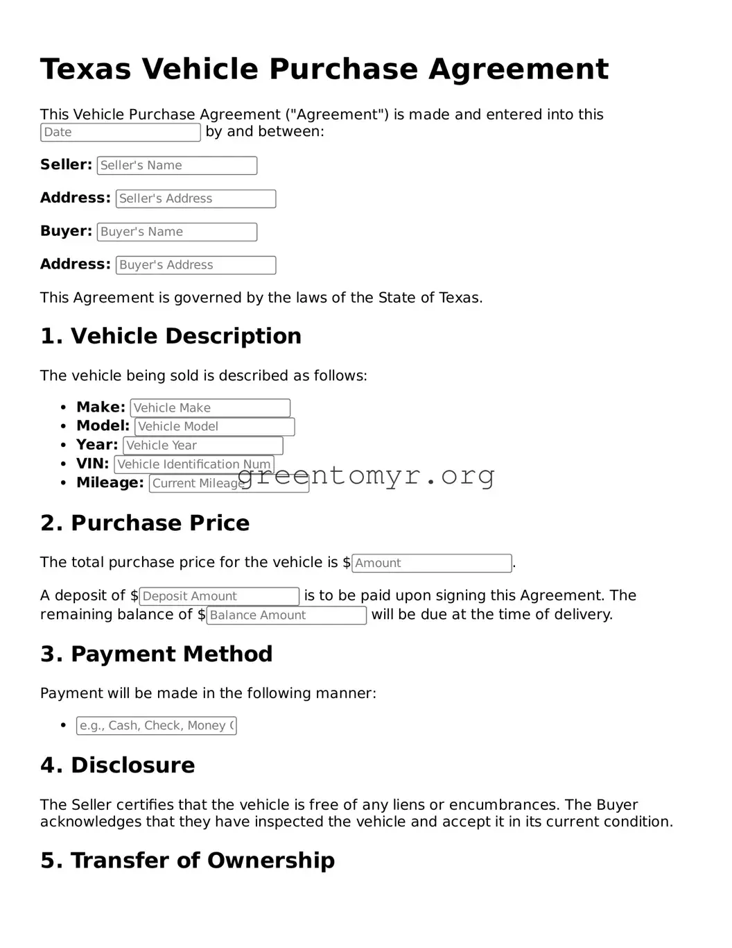 Vehicle Purchase Agreement Form for the State of Texas
