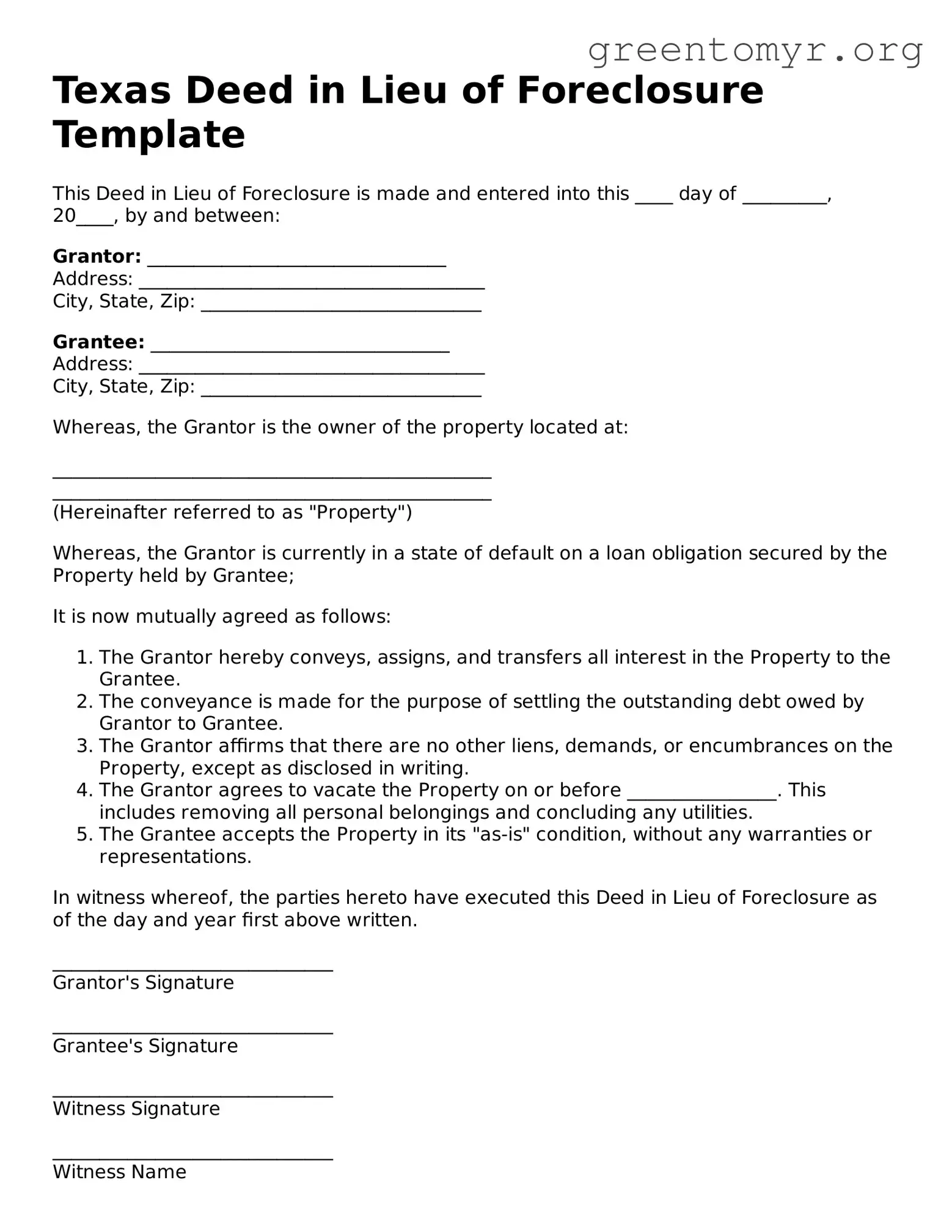 Deed in Lieu of Foreclosure Form for the State of Texas