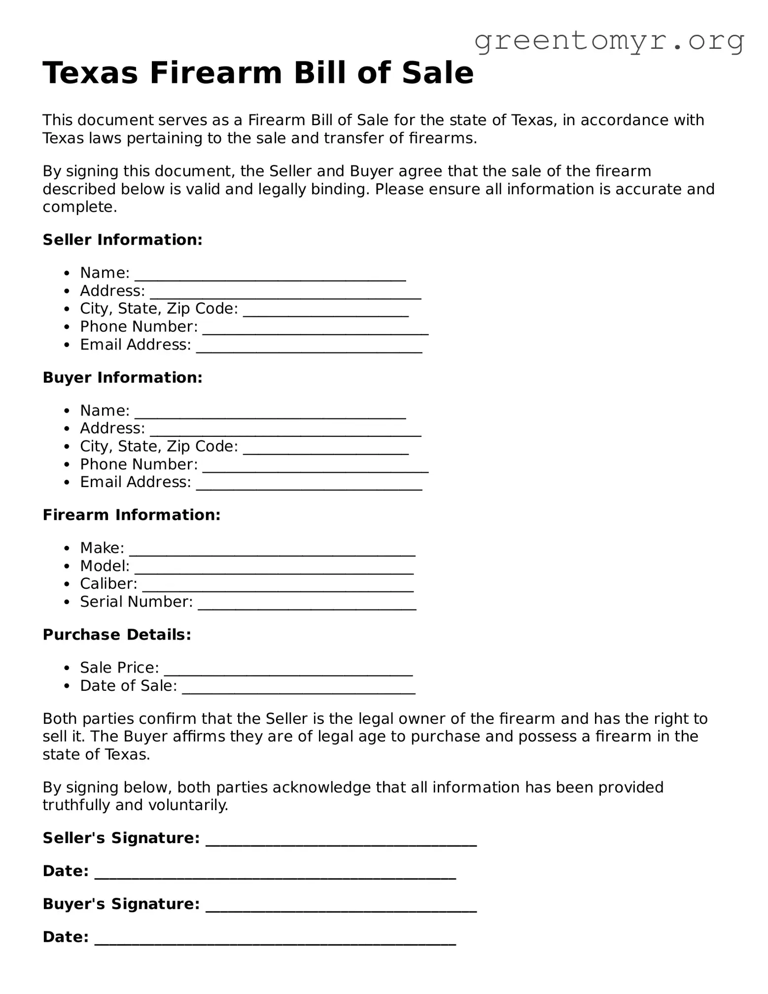 Firearm Bill of Sale Form for the State of Texas