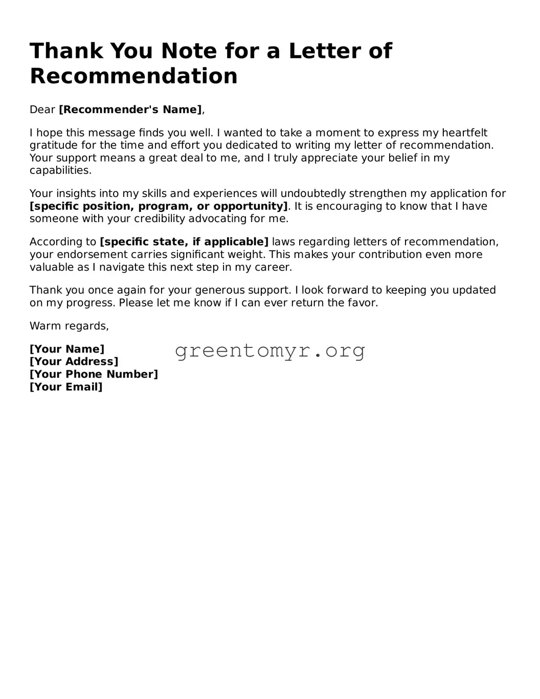 Valid Thank You Note for a Letter of Recommendation Form