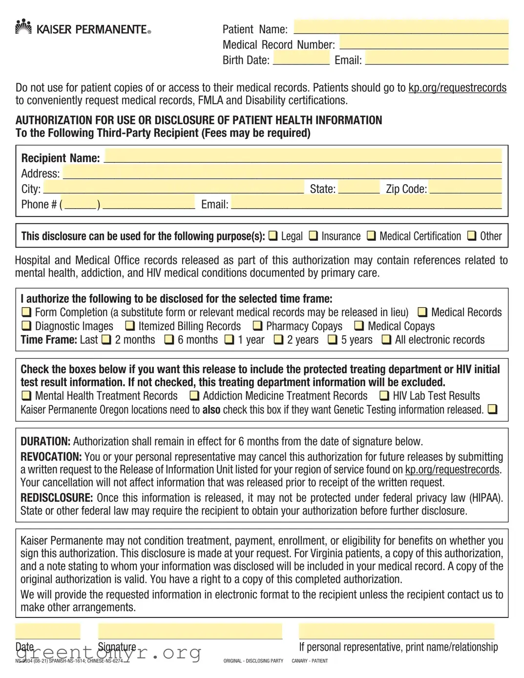 Fill in a Valid Kaiser Records Request Template