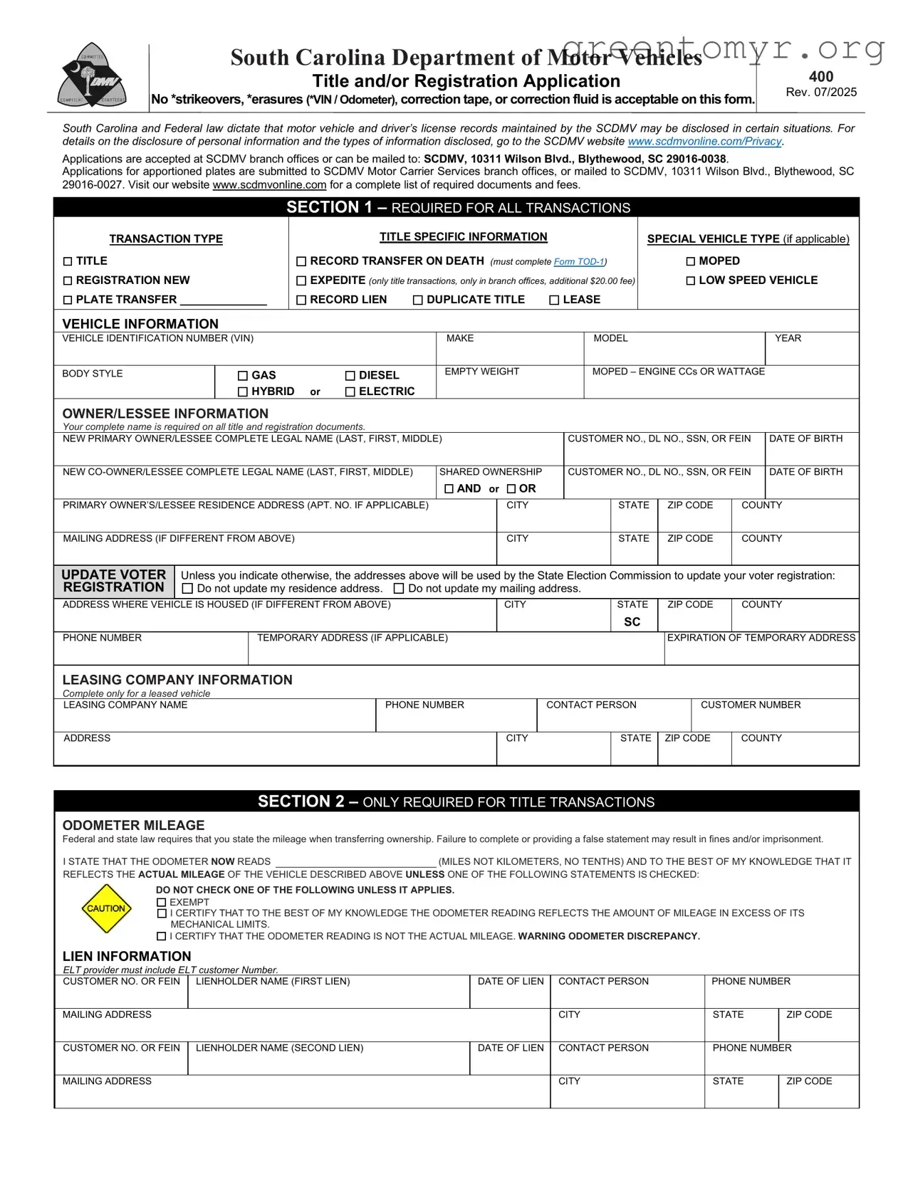 Fill in a Valid Sc Dmv 400 Template