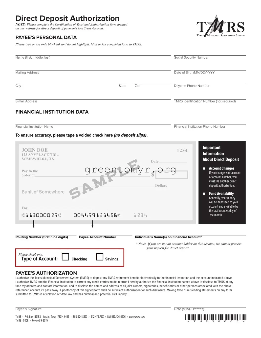 Fill in a Valid TMRS direct deposit authorization Template