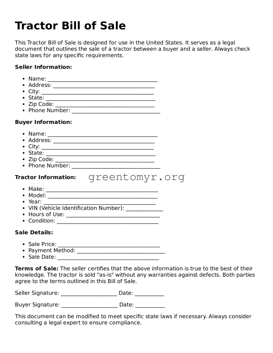 Valid Tractor Bill of Sale Form