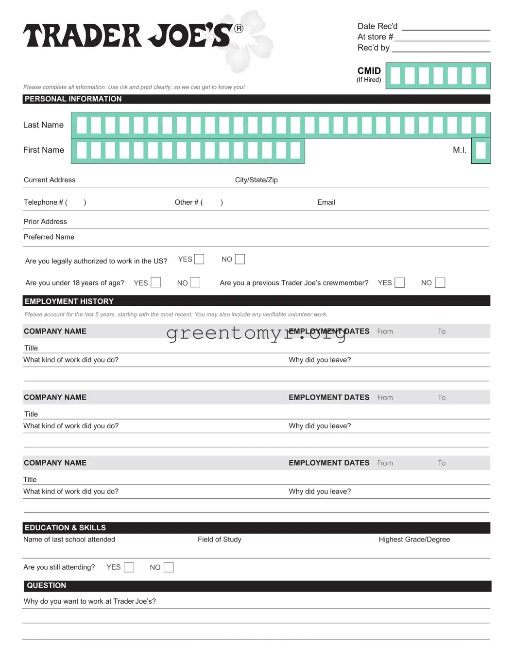 Fill in a Valid Trader Joe's application Template