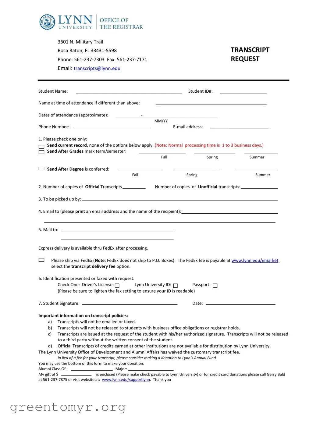 Fill in a Valid Lynn University Transcript Request Template
