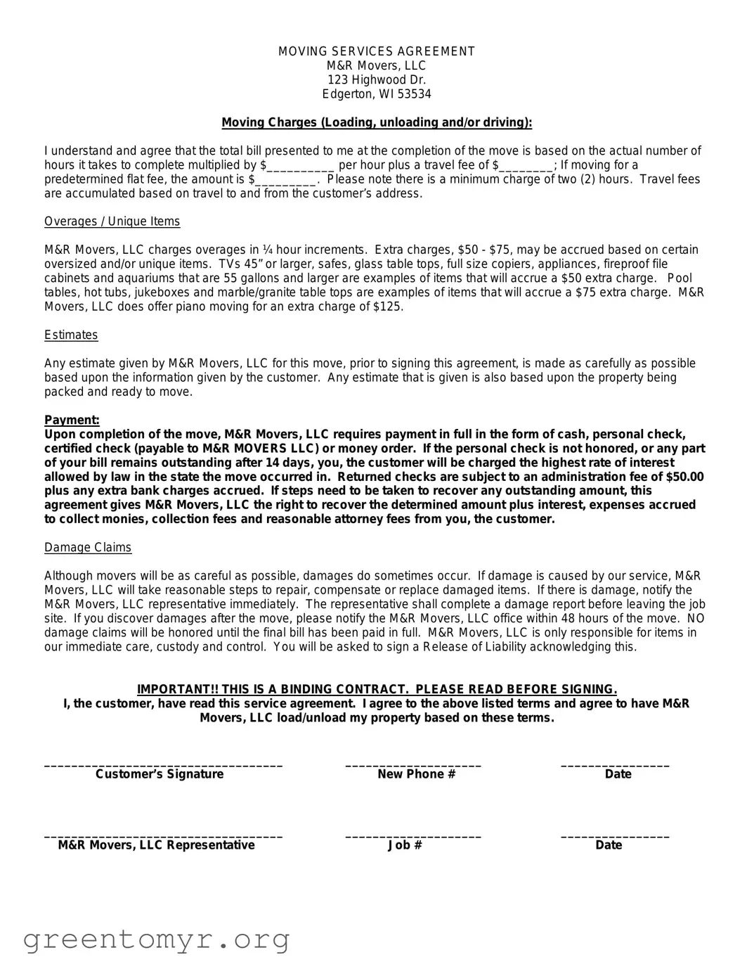 Fill in a Valid Moving Contract Sample Template