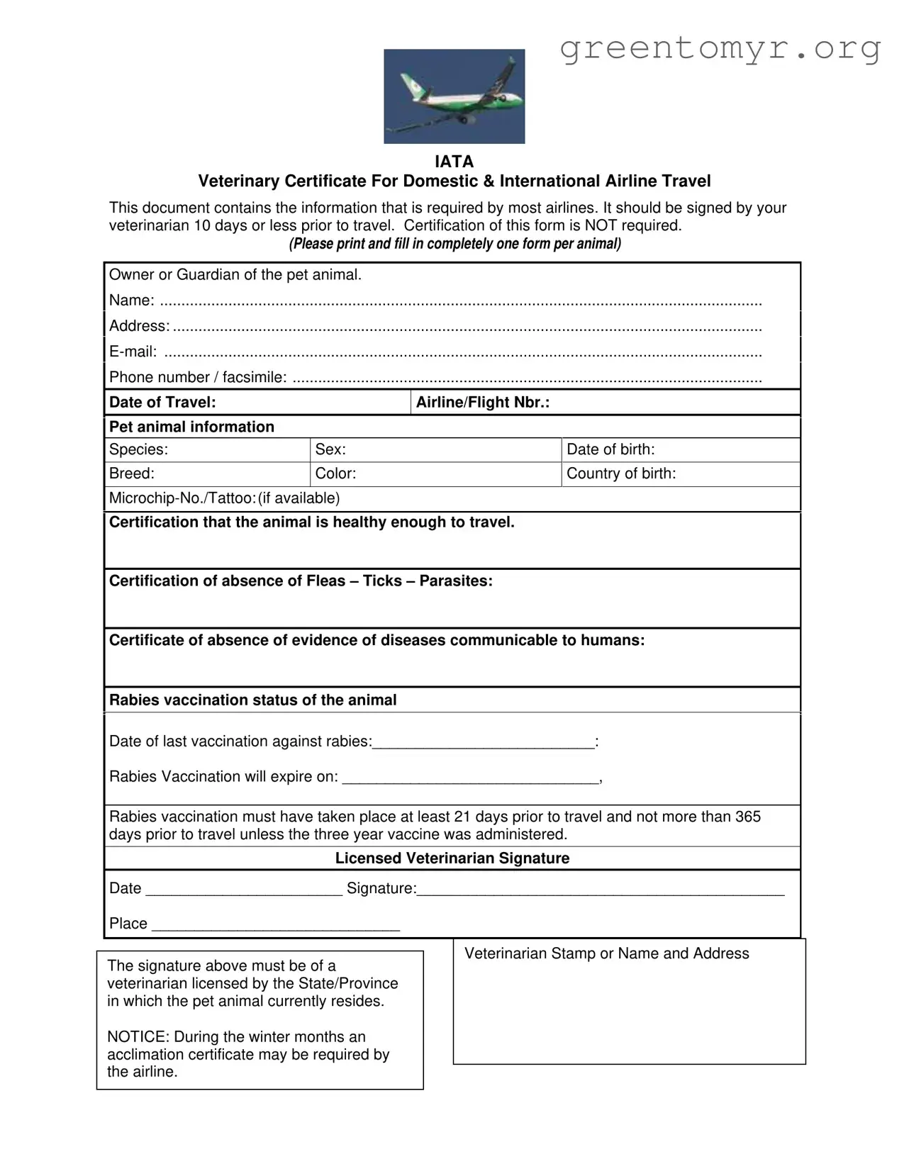 Fill in a Valid Veterinary Certificate Travel Template