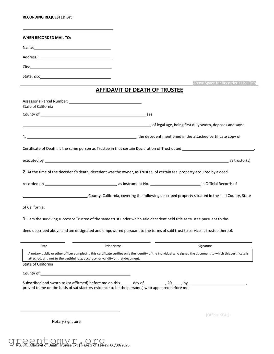 Fill in a Valid California Affidavit of Death of a Trustee Template
