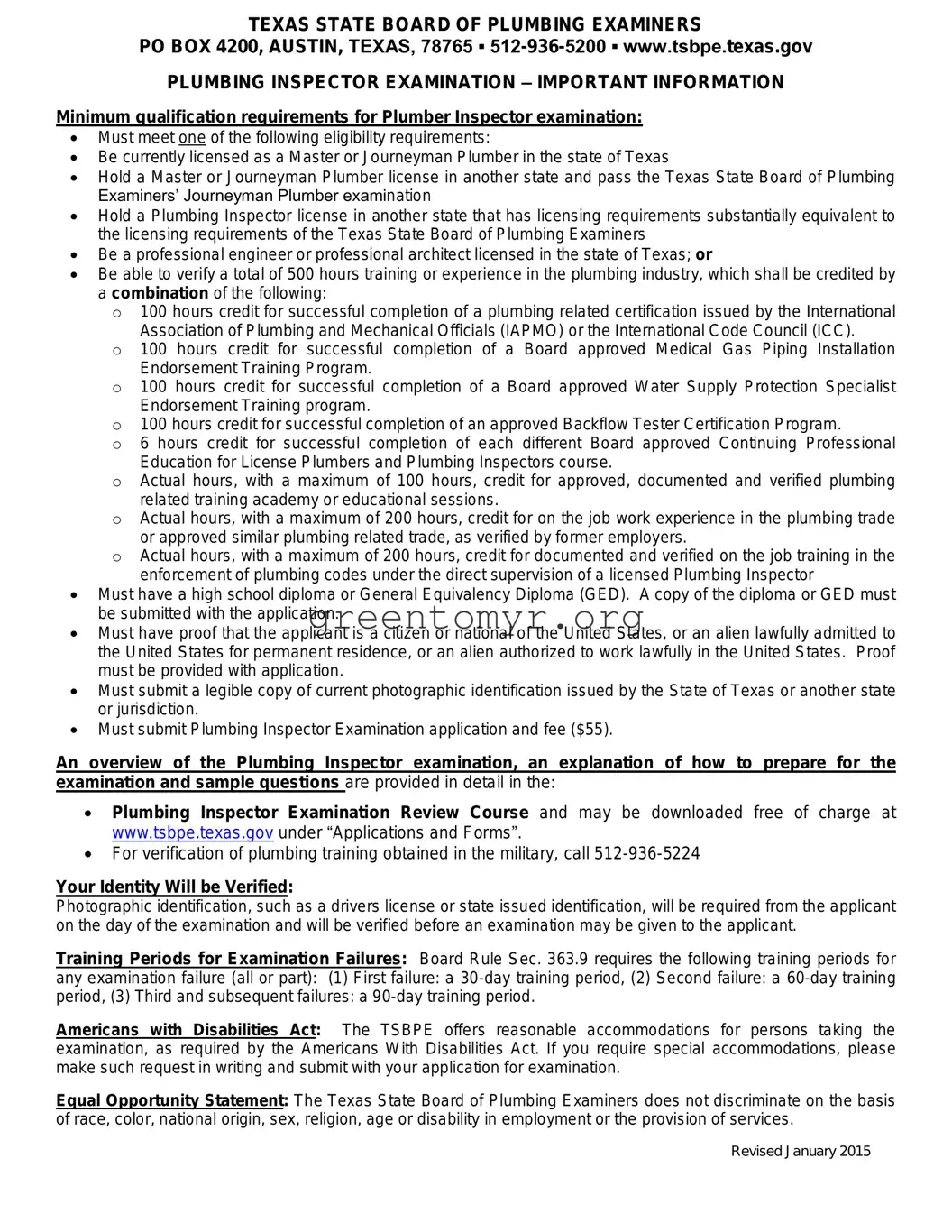 Fill in a Valid TSBPE plumbing inspector examination Template