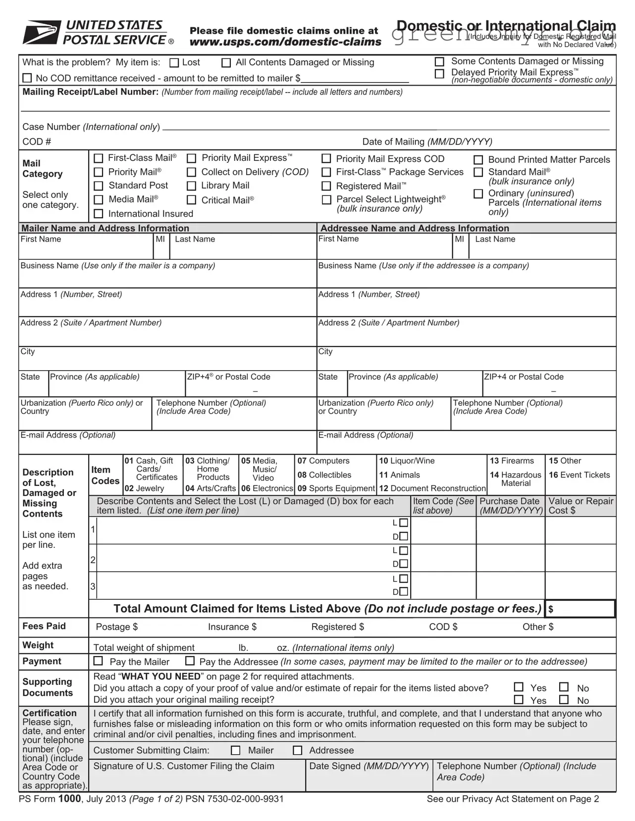 Fill in a Valid Usps Domestic Claim Template