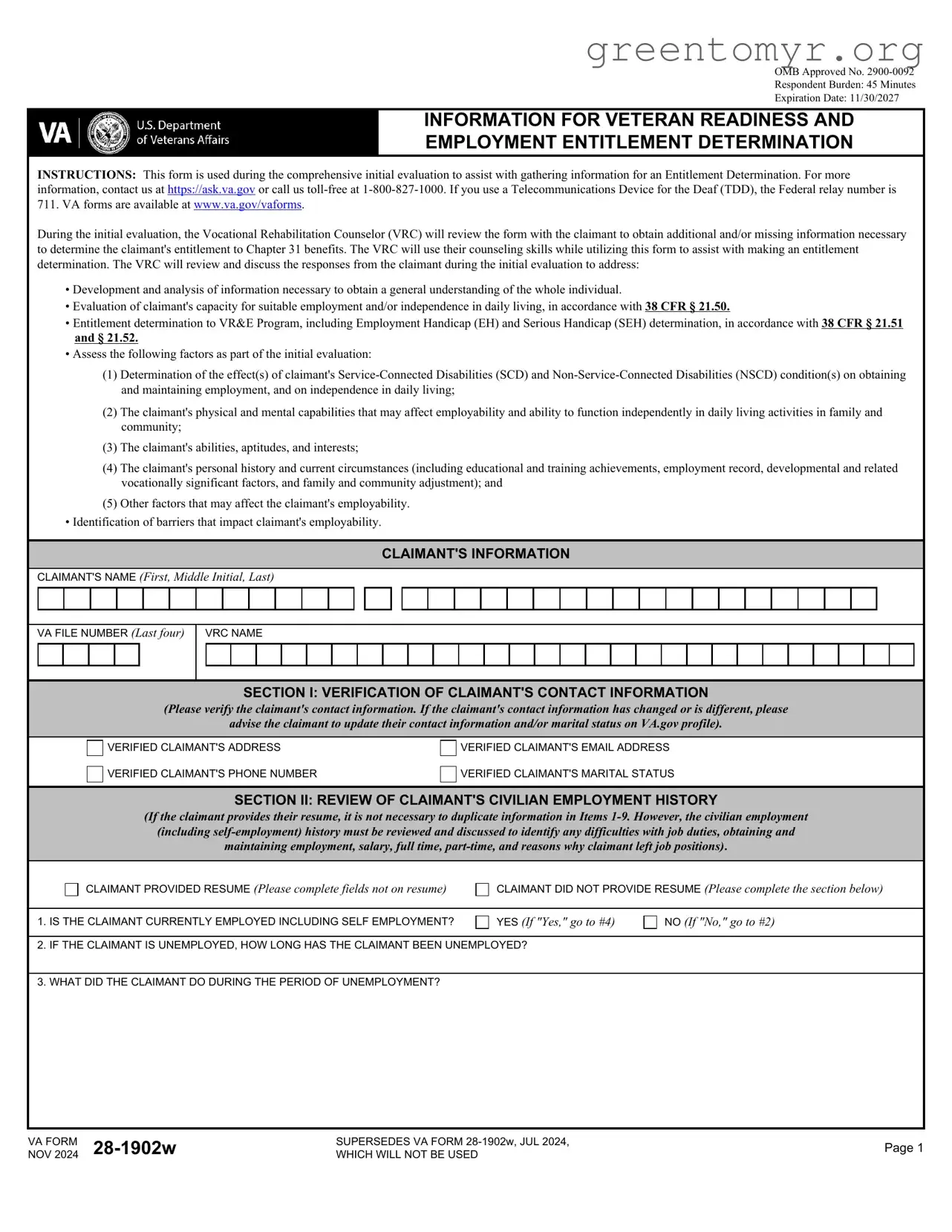 Fill in a Valid VBA VA 28-1902w Template