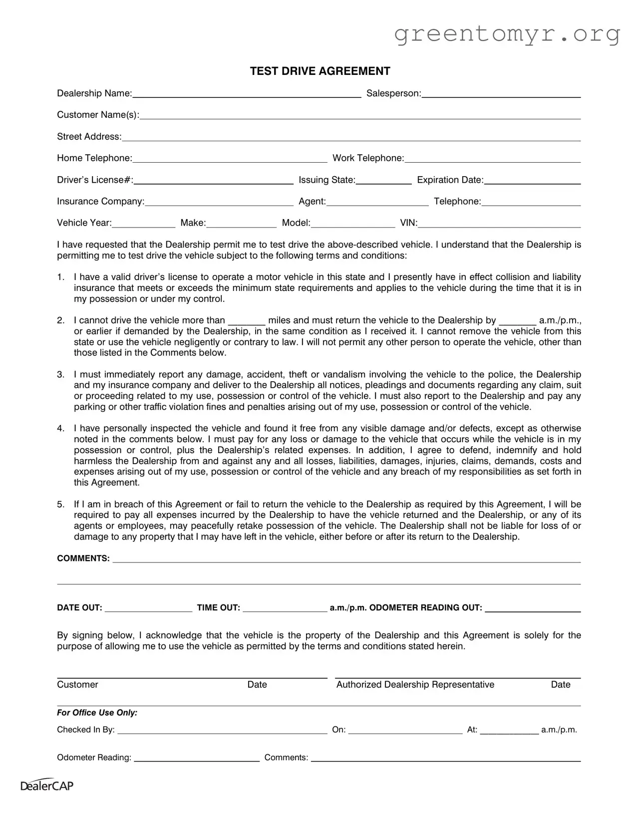 Fill in a Valid Test Drive Template