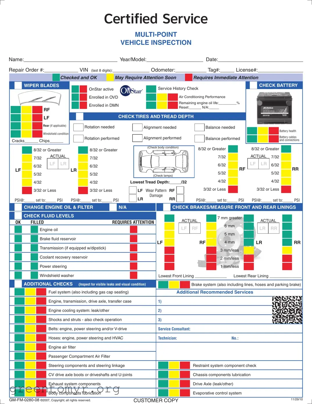 Fill in a Valid Automobile Service Checklist Template