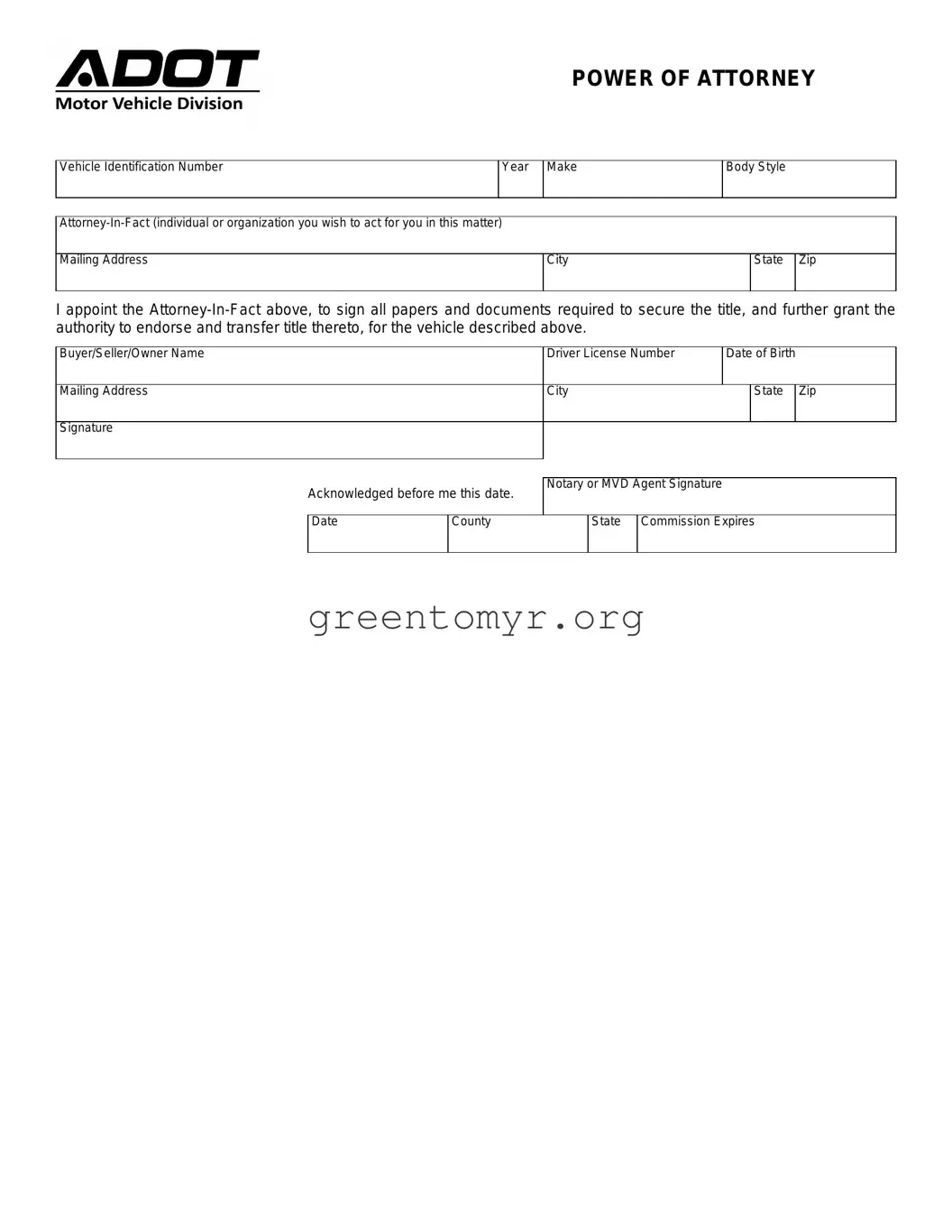 Fill in a Valid Vehicle POA adot Template