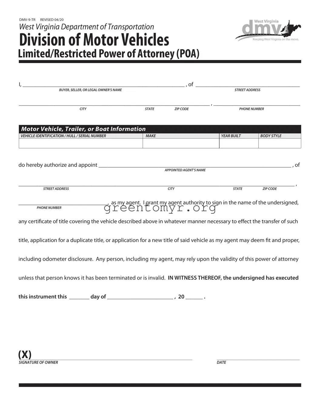 Fill in a Valid Vehicle POA DMV-9-TR Template