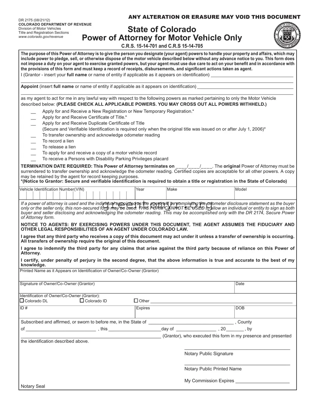 Fill in a Valid Vehicle POA dr2175 Template