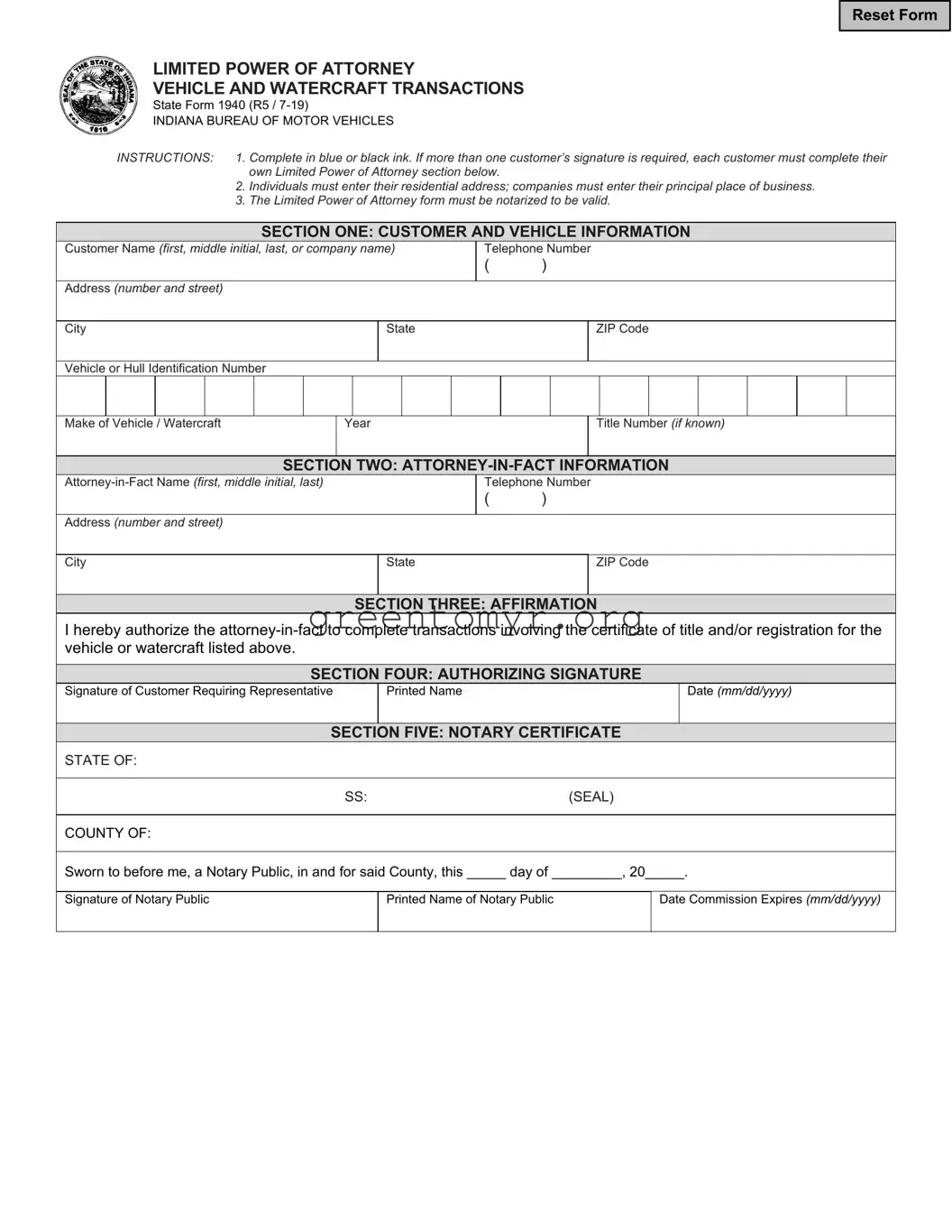 Fill in a Valid Vehicle POA form 01940 Template