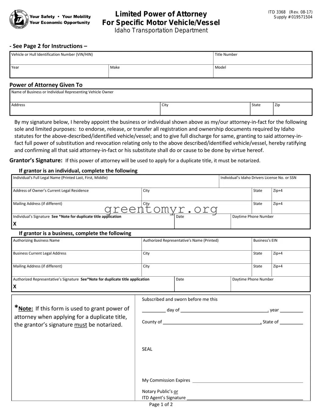 Fill in a Valid Vehicle POA form 3368 Template