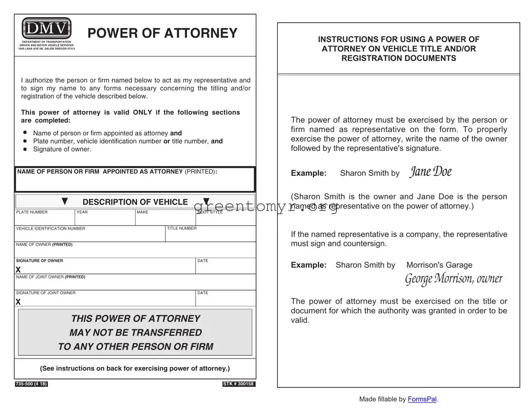 Fill in a Valid Vehicle POA form 735-500 Template