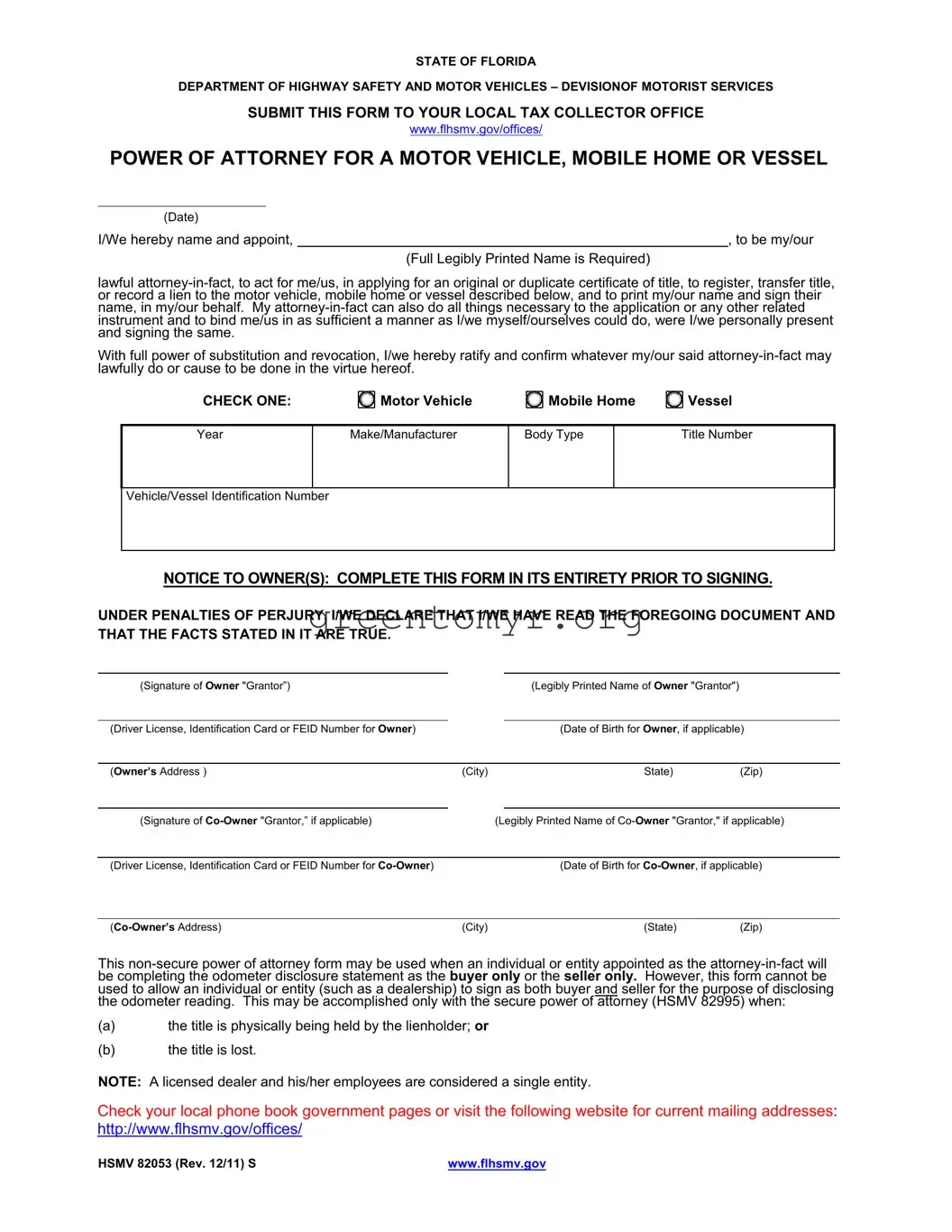 Fill in a Valid Vehicle POA form 82053 Template