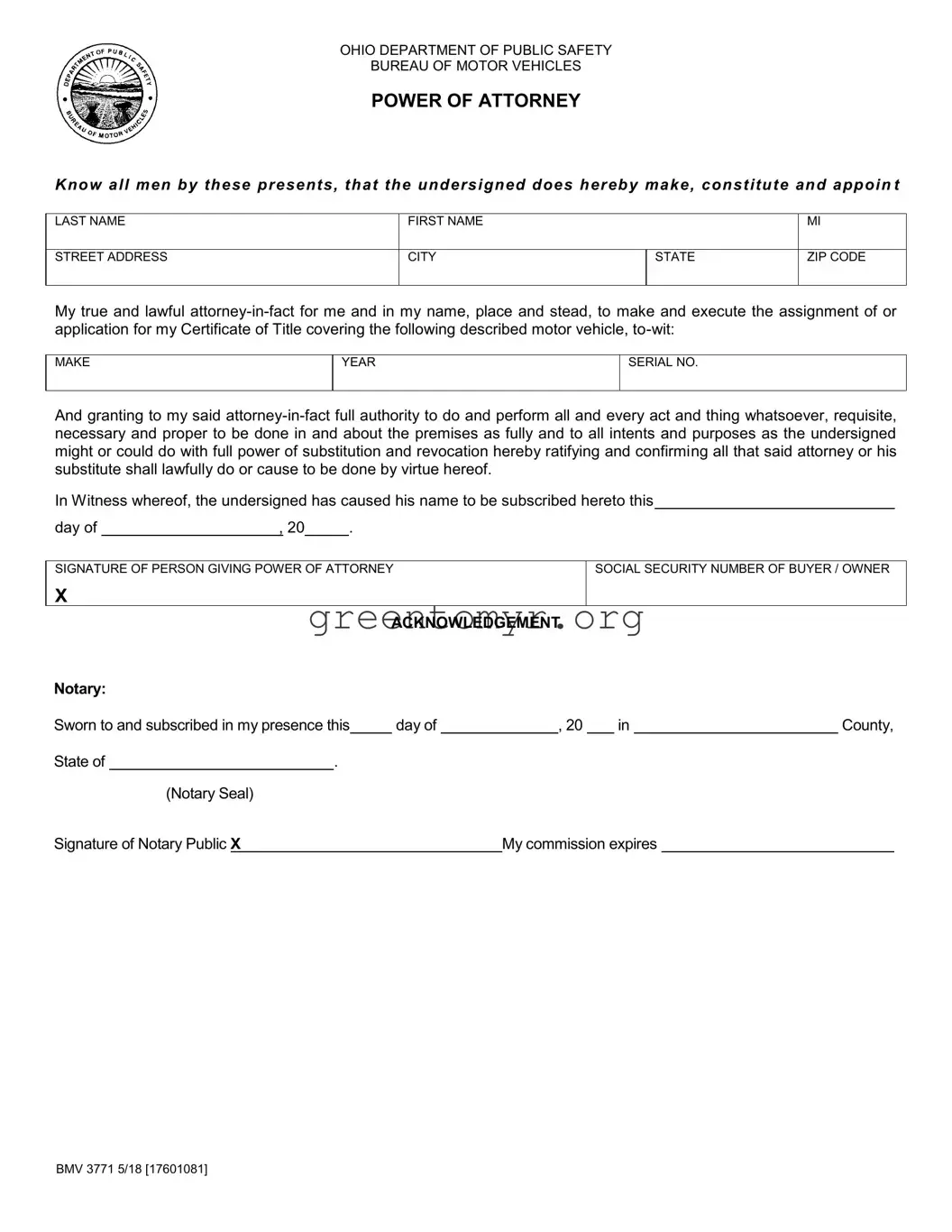 Fill in a Valid Vehicle POA form BMV 3771 Template